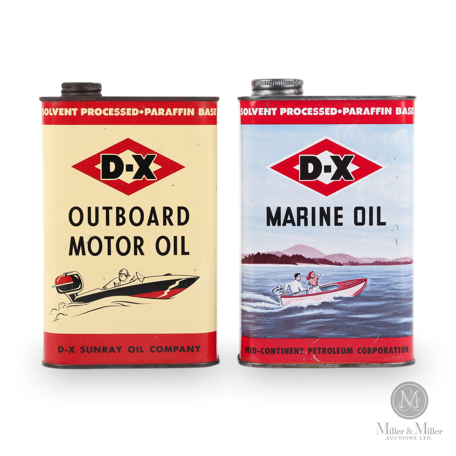 DX Outboard & Marine Motor Oil U.S Quart Cans: American. 1960s. Lithographed tin. Outboard motor oil D-X Sunray Oil Company and marine oil Mid-Continent Petroleum Corporation both cans from Tulsa, Oklahoma, USA. Marked, "CCC 64" (Continental Can C