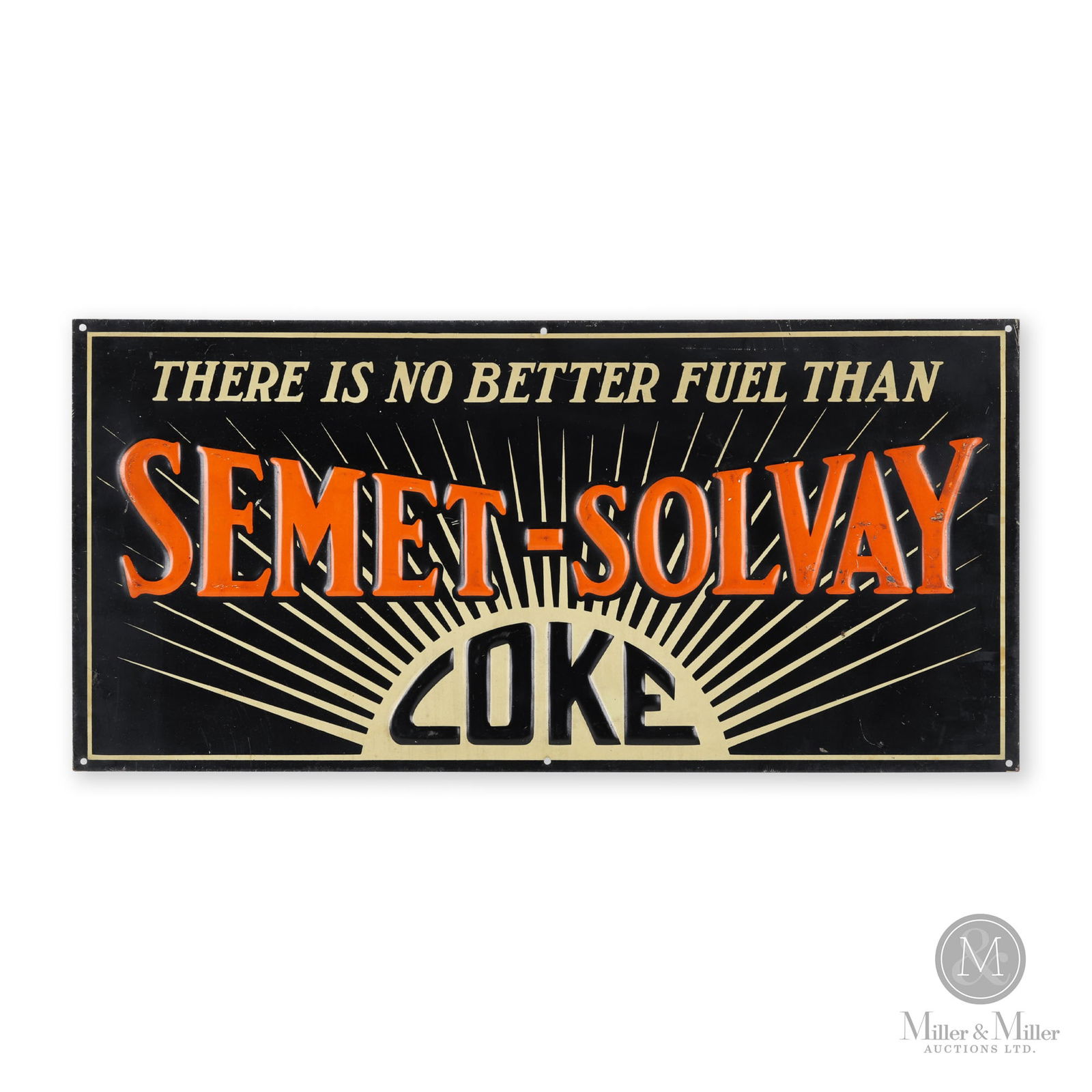 Semet-Solvay Coke Sign: American. 1930s. Single-sided embossed tin (SST). 9.25" x 19.25". From the William Robert Wilson Collection.