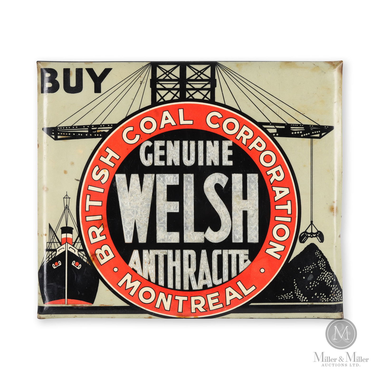 British Coal Corp. Welsh Anthracite Sign: American. 1930s. Single-sided celluloid over metal. 8.5" x 10.25". From the William Robert Wilson Collection.