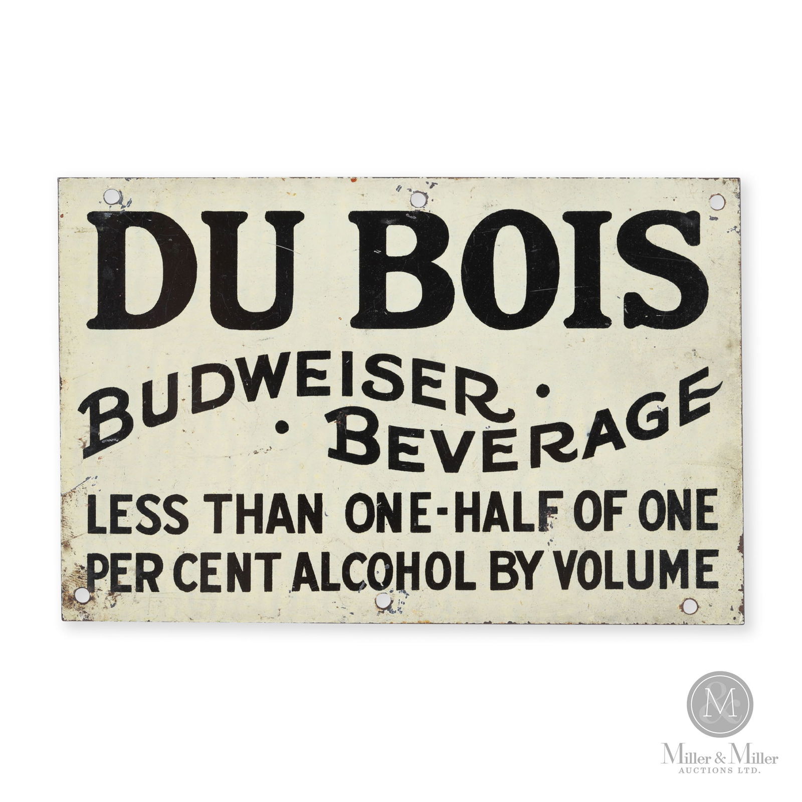 Du Bois Budweiser Malt Beverage Sign: American. 1910s. Single-sided tin (SST). 4" x 6". From the William Robert Wilson Collection.