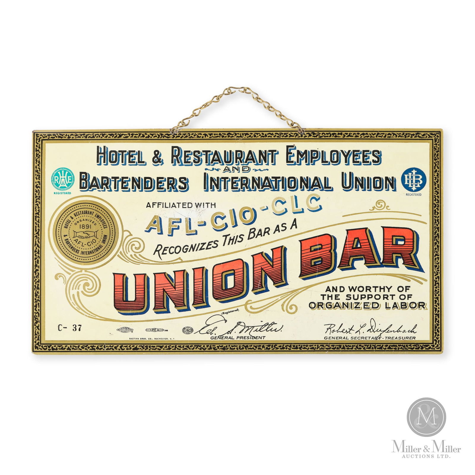 Hotel, Restaurant Employees & Bartenders Union Sign: American. 1930s. Single-sided tin over cardboard (SST). Marked, "Bastian Bros. Co. Rochester NY". 6" x 11". From the William Robert Wilson Collection.
