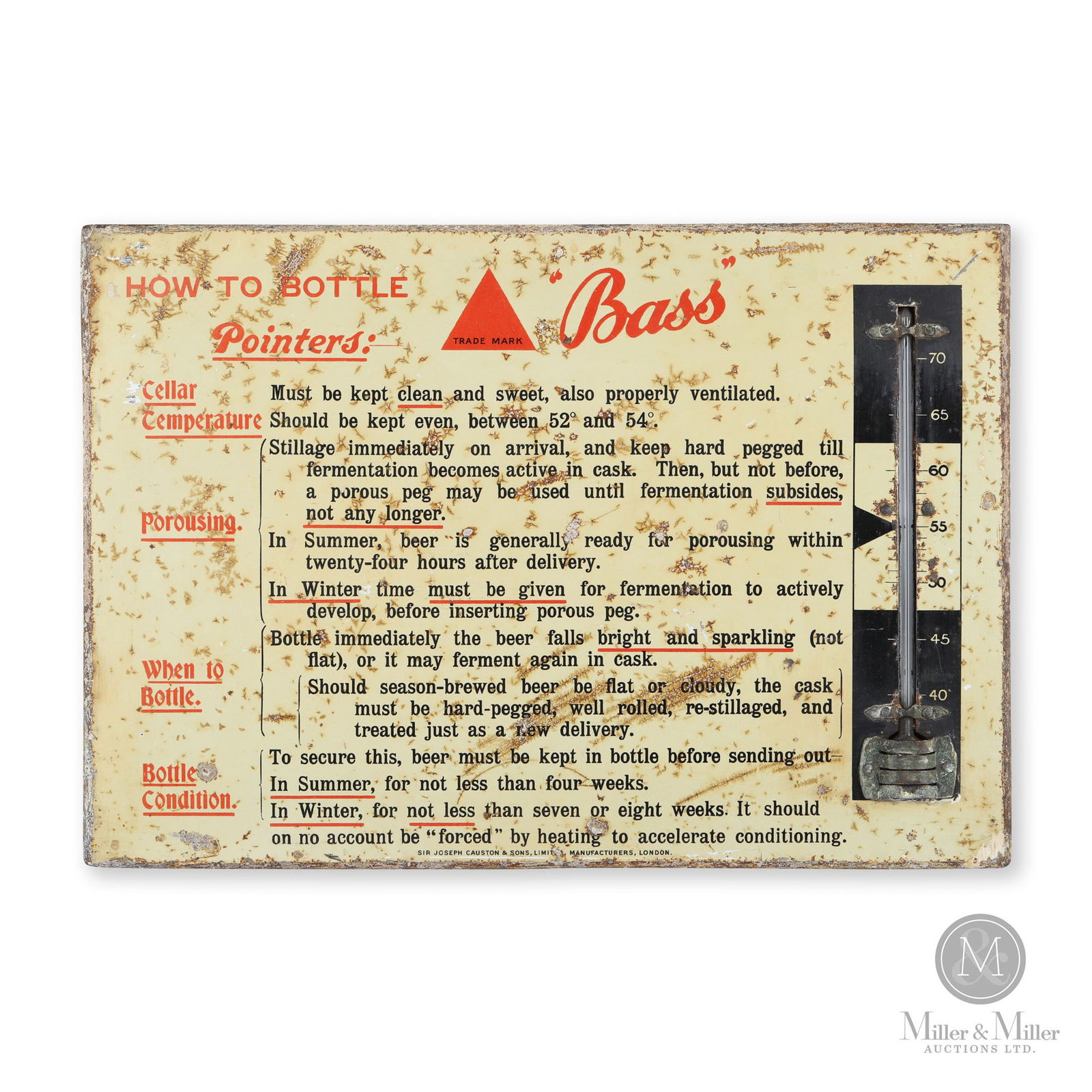 Bass "How to Bottle" Instructions Thermometer: English. 1920s. Single-sided tin over wood (SST). Marked, "Sir Joseph Causton & Sons, Limited, Manufacturers, London", bottom center edge. 10" x 14.25". From the William Robert Wilson Collection.