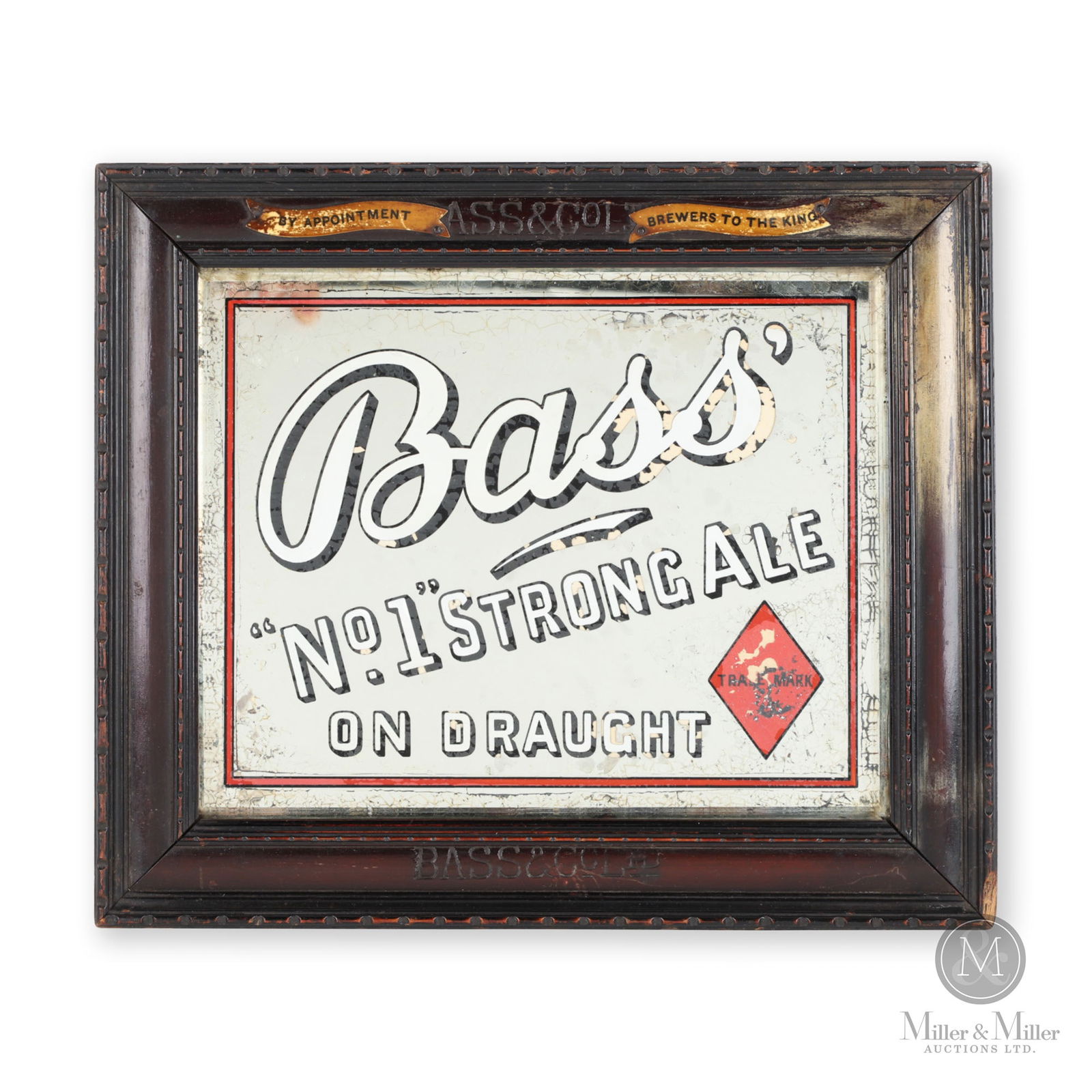 Bass No. 1 Strong Ale Mirror Sign: English. 1920s. Framed mirror. Tagged, "W Davis and Sons, Birmingham", on rear. 10.5" x 12.5" x 0.75". From the William Robert Wilson Collection.