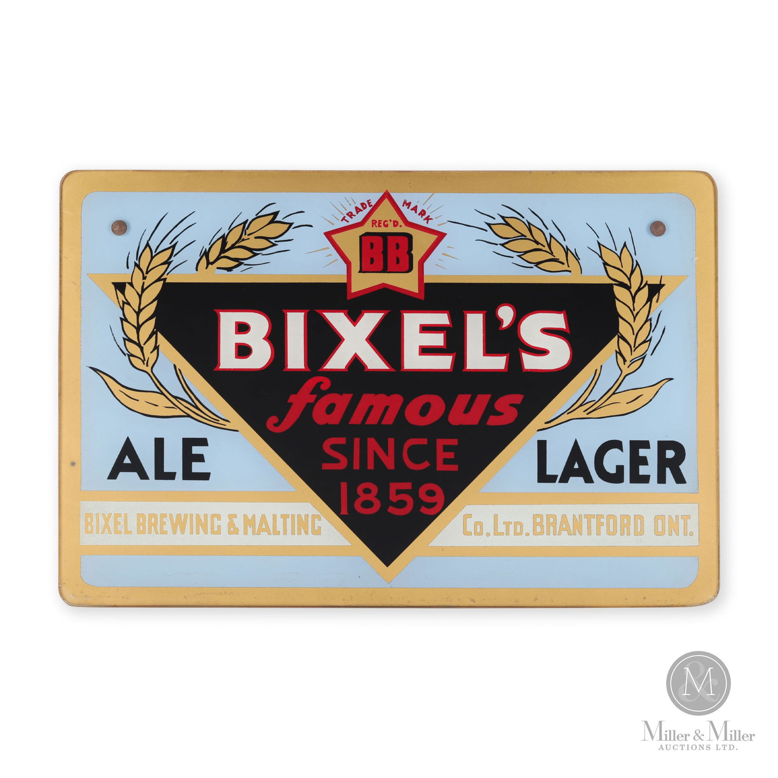 Bixel Brewing & Malting Co. Reverse Glass Sign: Canadian. 1930s. Reverse-screened glass. Stamped, "Hobbs Signs London", on rear. 12" x 18". From the William Robert Wilson Collection.