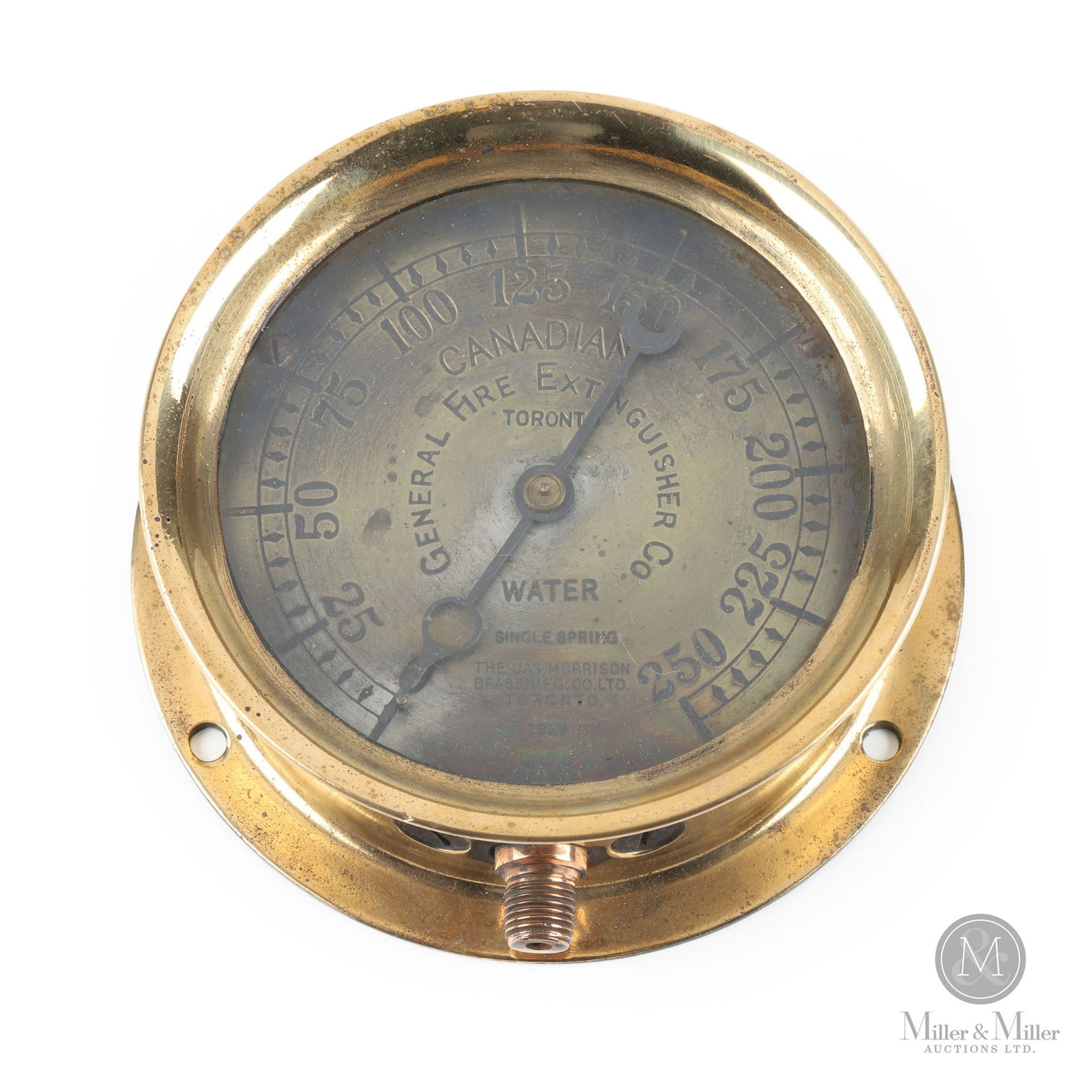 Canadian General Fire Extinguisher Co. Water Pressure Gauge: Canadian. 1930s. Brass. Marked, "The Jas. Morrison Brass Mfg. Co. Ltd. Toronto", lower edge. 6" x 2.25" with 5" dial. From the William Robert Wilson Collection.