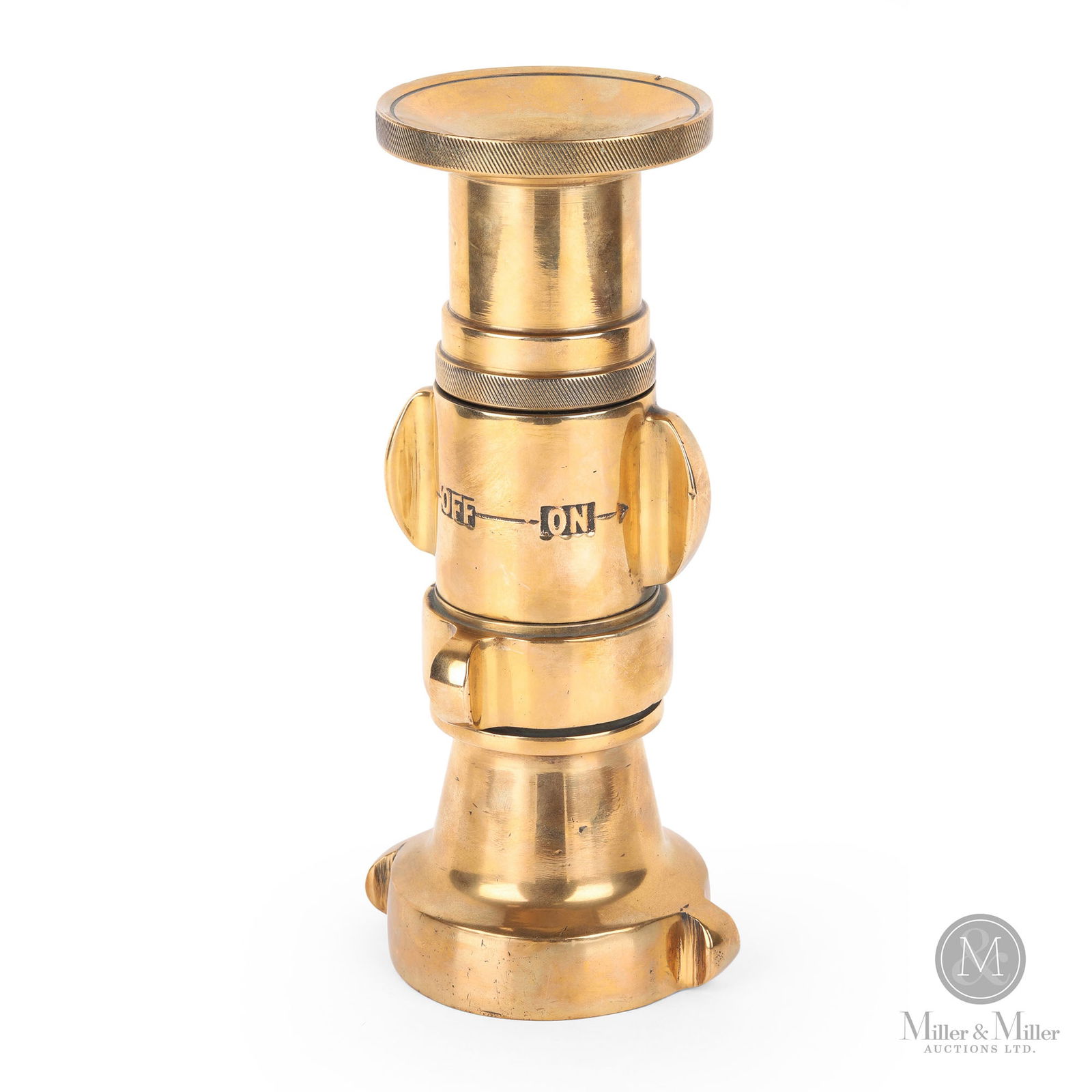 Brass Hose Nozzle Hardware: American. 1920s. Brass. 3.75" x 4.5" x 3.5" and 10" x 3.5" x 4.5". From the William Robert Wilson Collection.