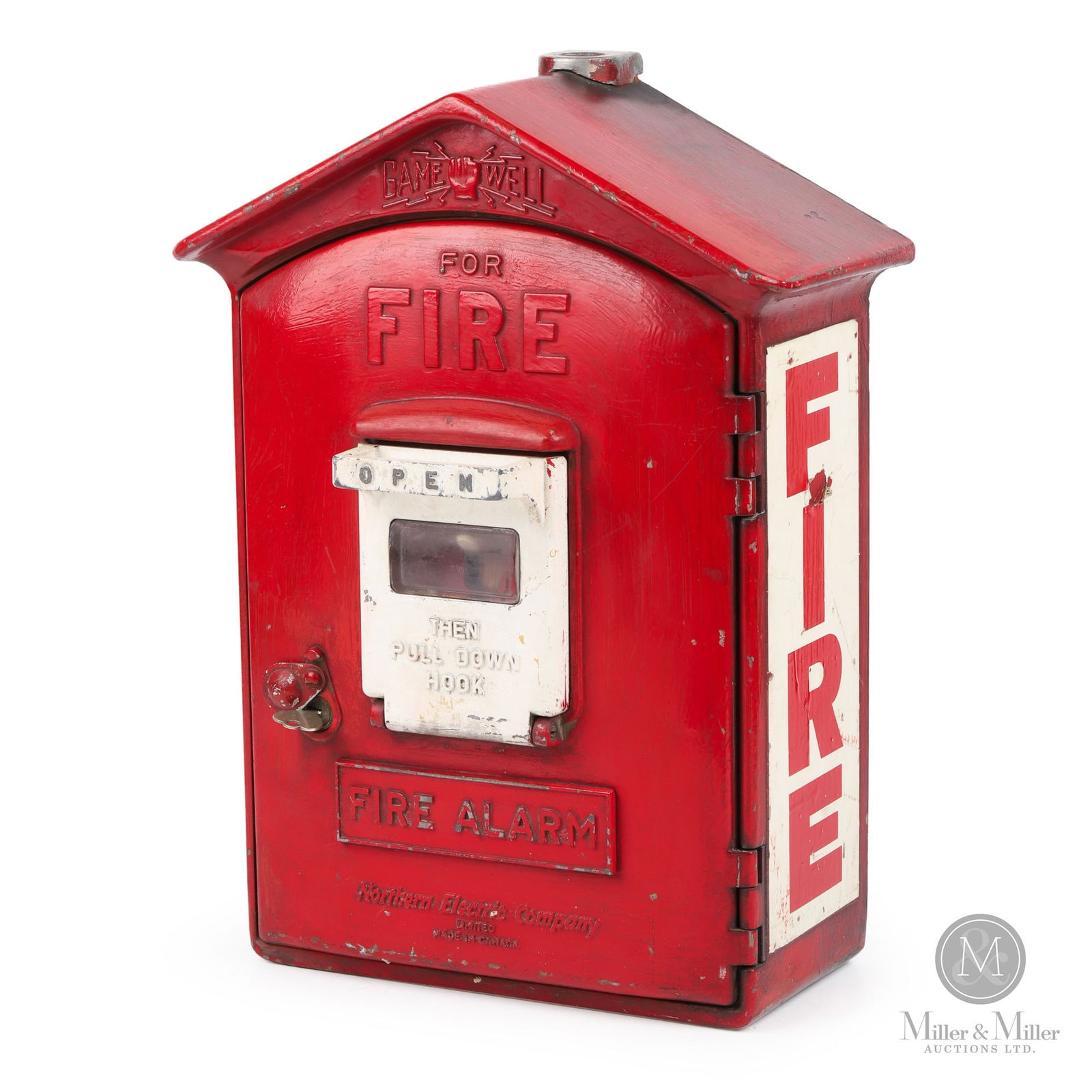 Northern Electric Co. Gamewell Fire Box: Canadian. 1940s. Painted cast metal. Marked, "Northern Electric Company Limited Made in Canada", lower margin of door. 17.25" x 12.5" x 6.25". From the William Robert Wilson Collection.