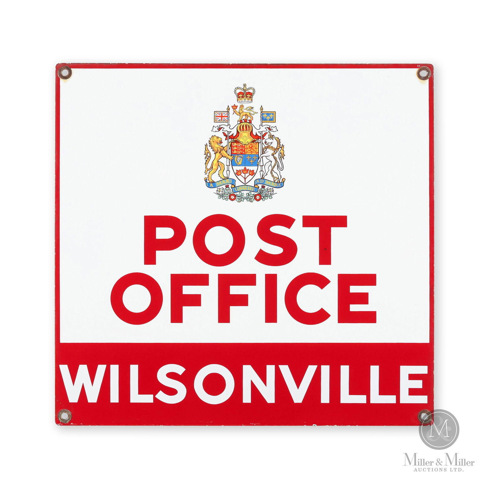 Wilsonville, Ontario Post Office Sign: Canadian. 1950s. Single-sided porcelain (SSP). 23" x 24". From the William Robert Wilson Collection.