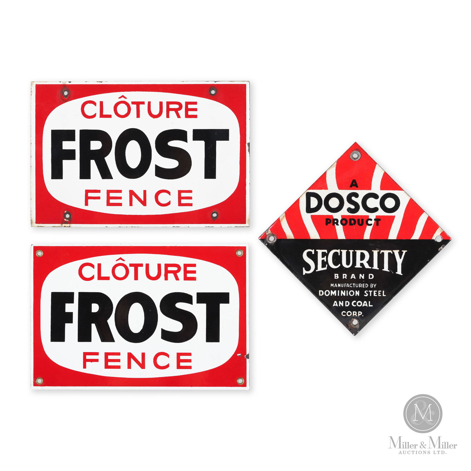 Dosco & Frost Fence Signs: Canadian. 1940s-1950s. Single-sided porcelain (SSP). Dosco sign: 8" x 8". Frost: 6" x 9". From the William Robert Wilson Collection.
