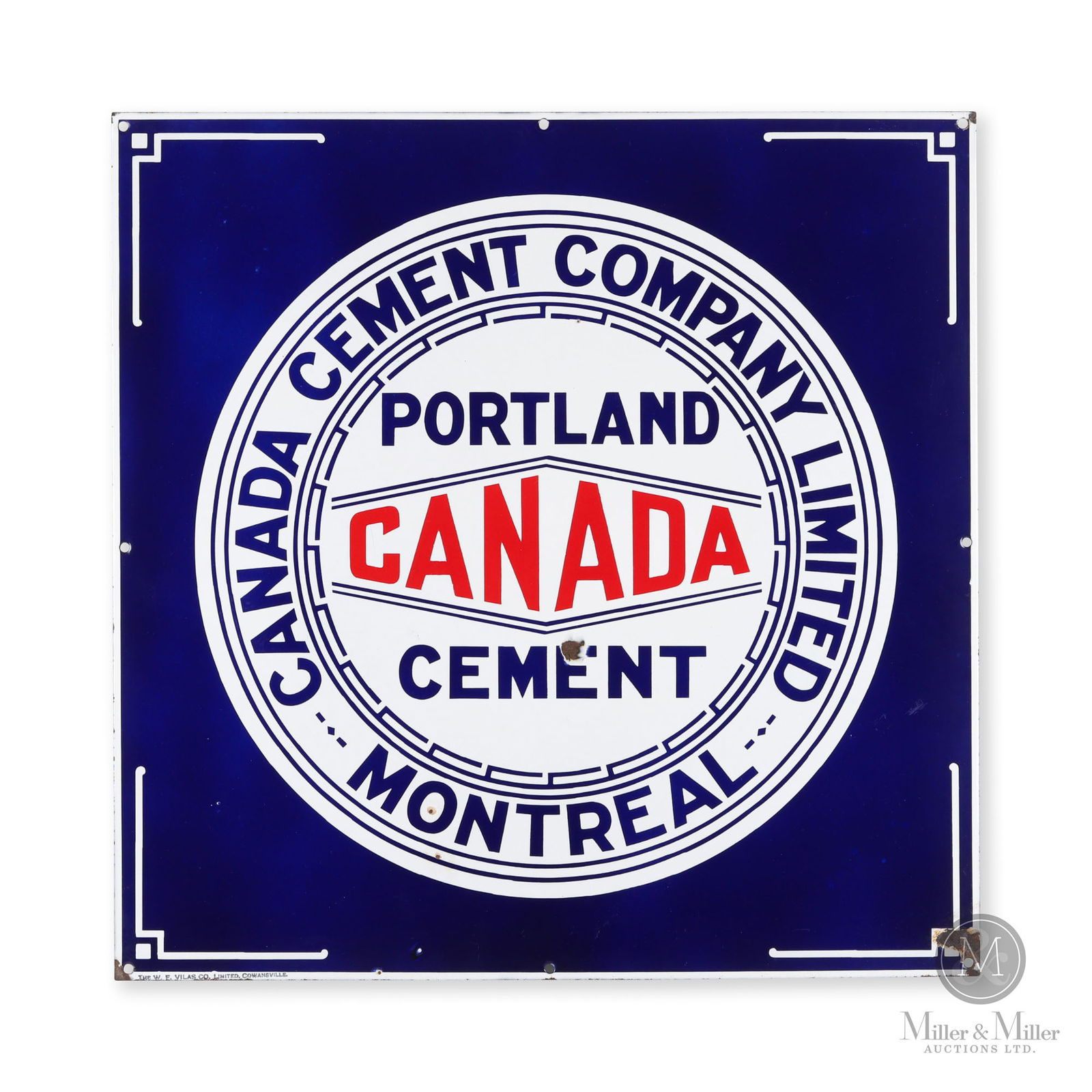 Canada Cement Co. Portland Cement Sign: Canadian. 1930s. Single-sided porcelain (SSP). Marked, "W.F VILAS CO. Limited, Cowansville", lower left edge. 22" x 22". From the William Robert Wilson Collection.