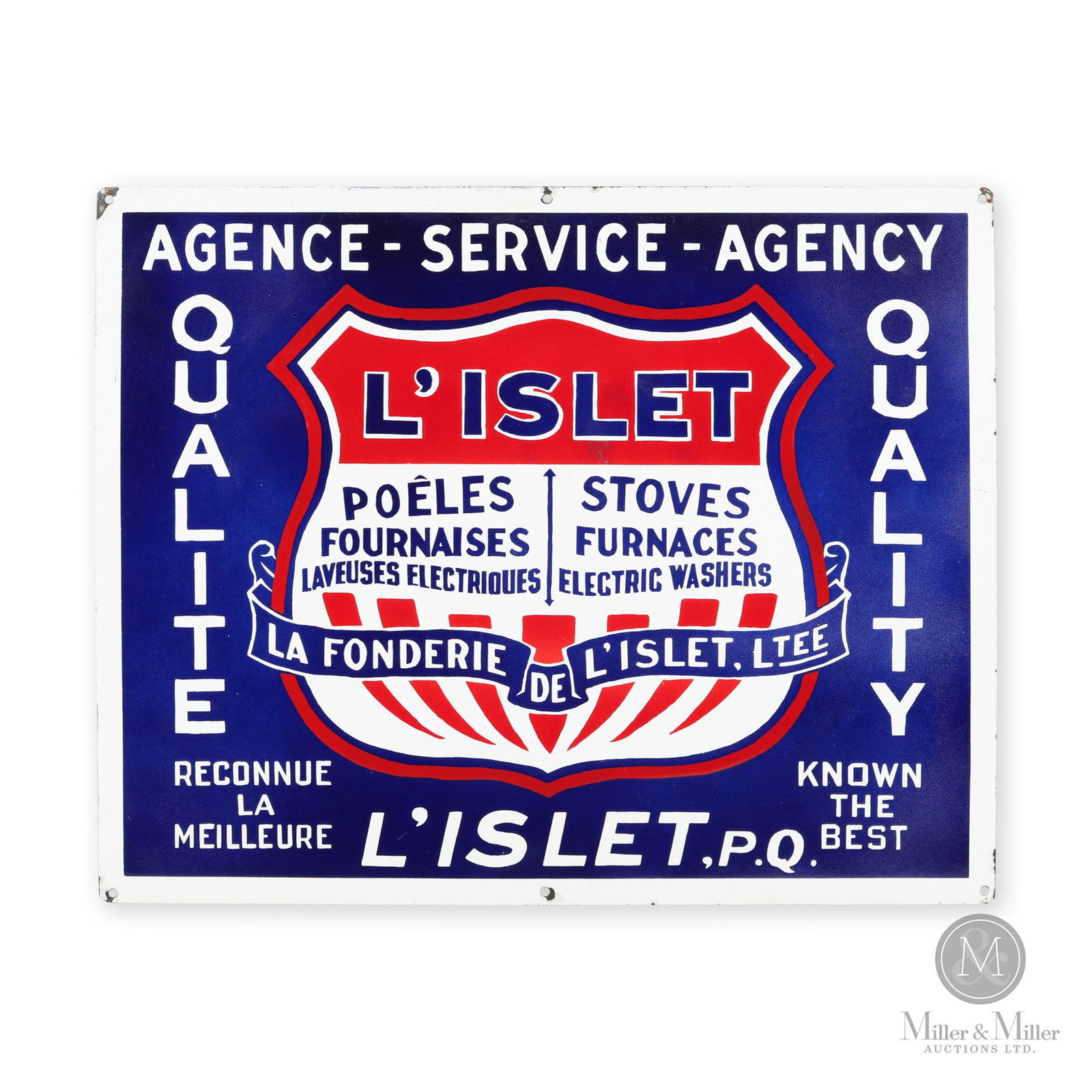 L'Islet Stoves, Furnaces & Electric Washers Agency Sign: Canadian. 1930s. Single-sided porcelain (SSP). 24" x 30". From the William Robert Wilson Collection.