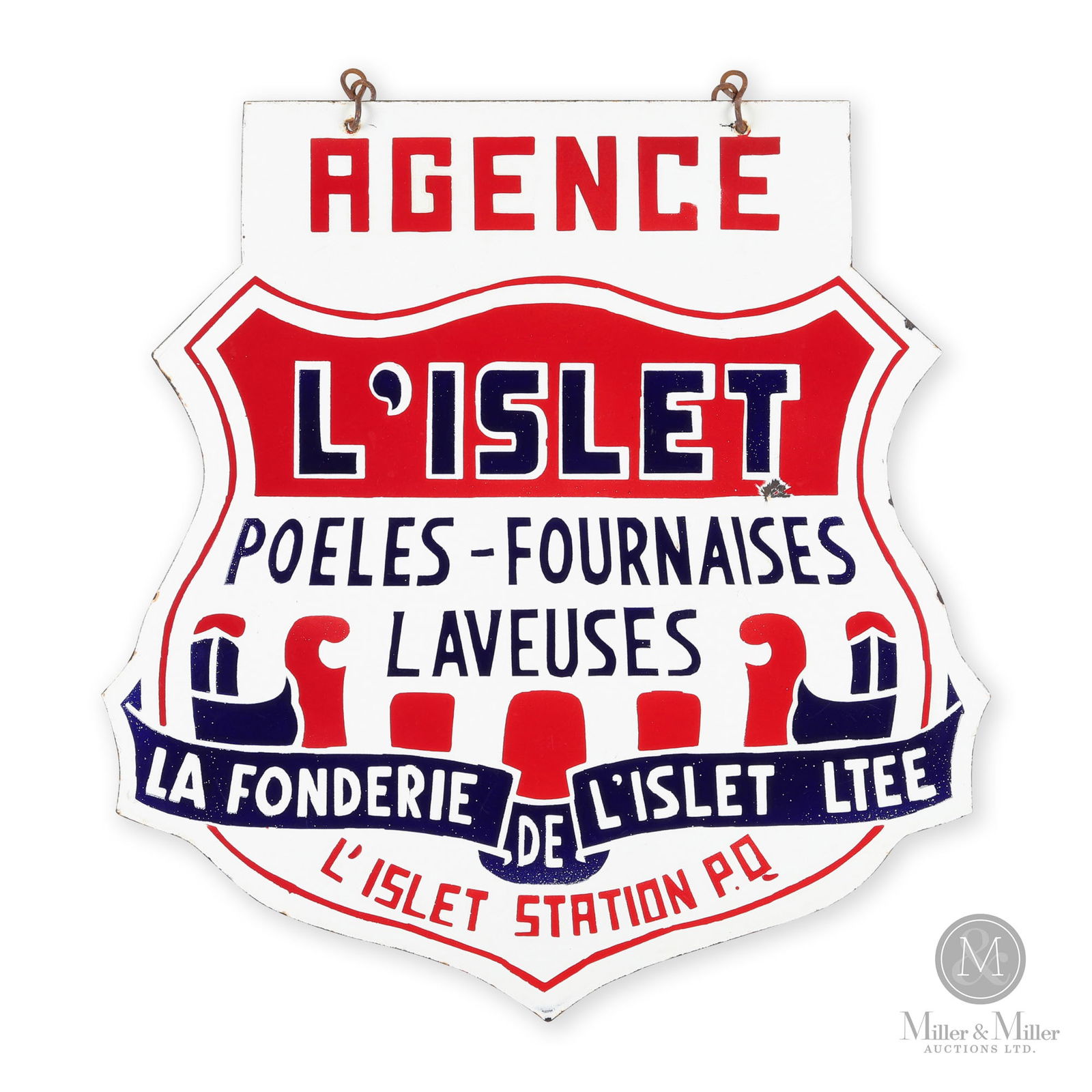 L'Islet Stoves, Furnaces & Electric Washers Agency Sign: Canadian. 1930s. Double-sided porcelain (DSP). 20" x 19". From the William Robert Wilson Collection.