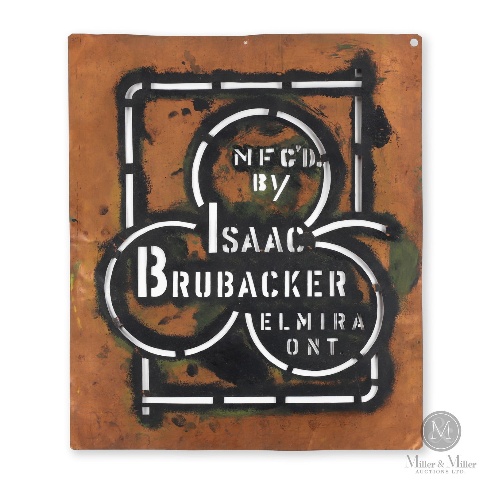Isaac Brubacher Elmira, Ontario Stencil: Canadian. 1930s. Copper. Marked, "Mfg'd by Isaac Brubacher Elmira Ont.". 24" x 20". From the William Robert Wilson Collection.