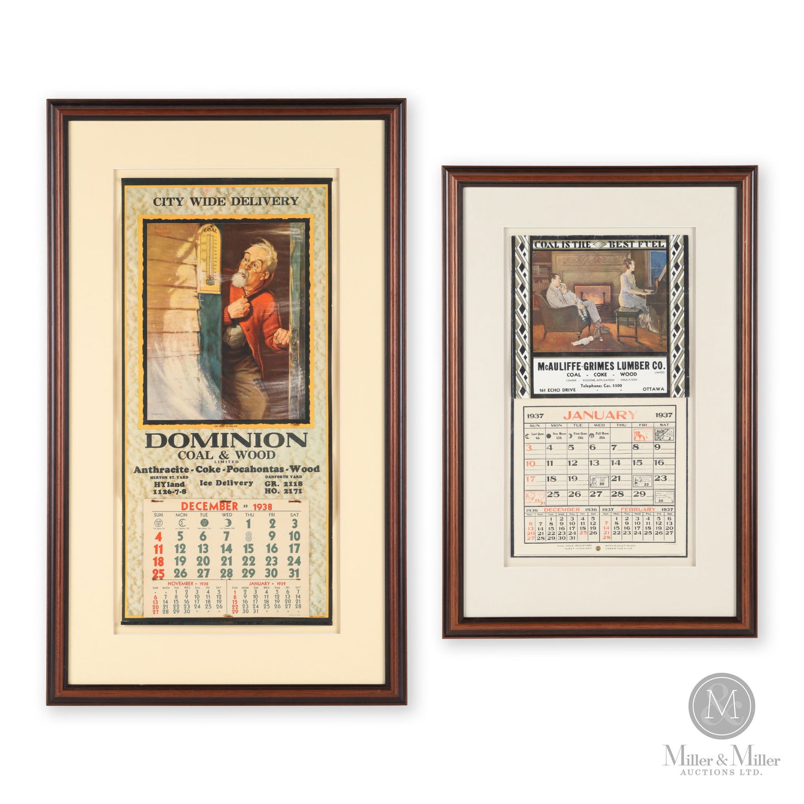 McAuliffe-Grimes & Dominion Coal & Wood Calendars: Canadian. 1937 and 1938. Lithographed paper, matted and framed. Sight: 15" x 8.25" and 20.75" x 9.75". From the William Robert Wilson Collection.