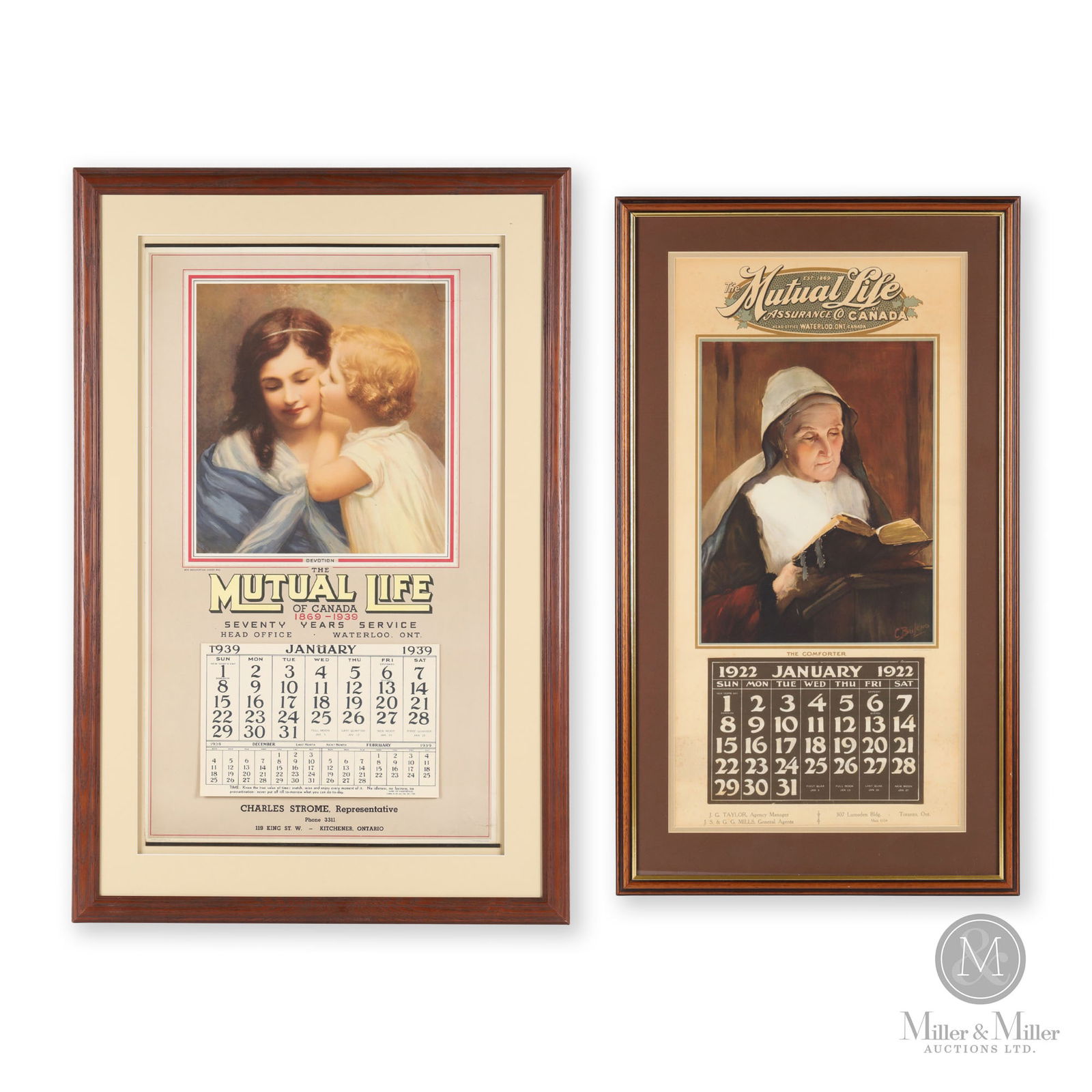 Mutual Life Assurance 1922 & 1939 Calendars: Canadian. 1922 and 1939. Lithographed paper, matted and framed. Sight: 28.25" x 16.25" and 27" x 13.5". From the William Robert Wilson Collection.