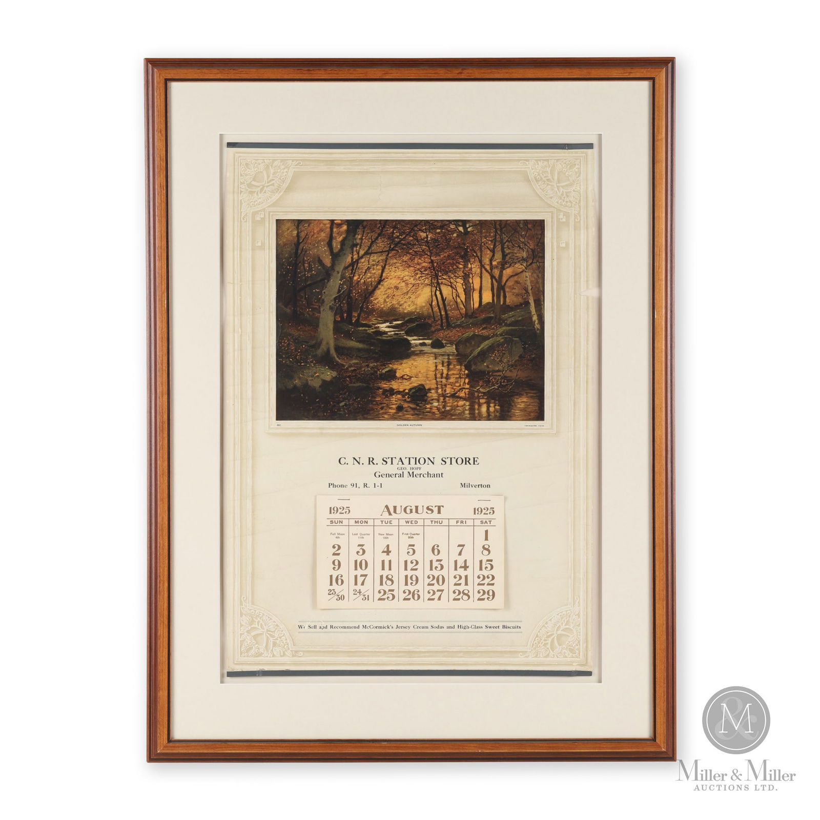 CNR Station Store, Milverton 1925 Calendar: Canadian. 1925. Lithographed paper, matted and framed. Sight: 21.75" x 15". Framed: 29" x 22" x 0.75". From the William Robert Wilson Collection.