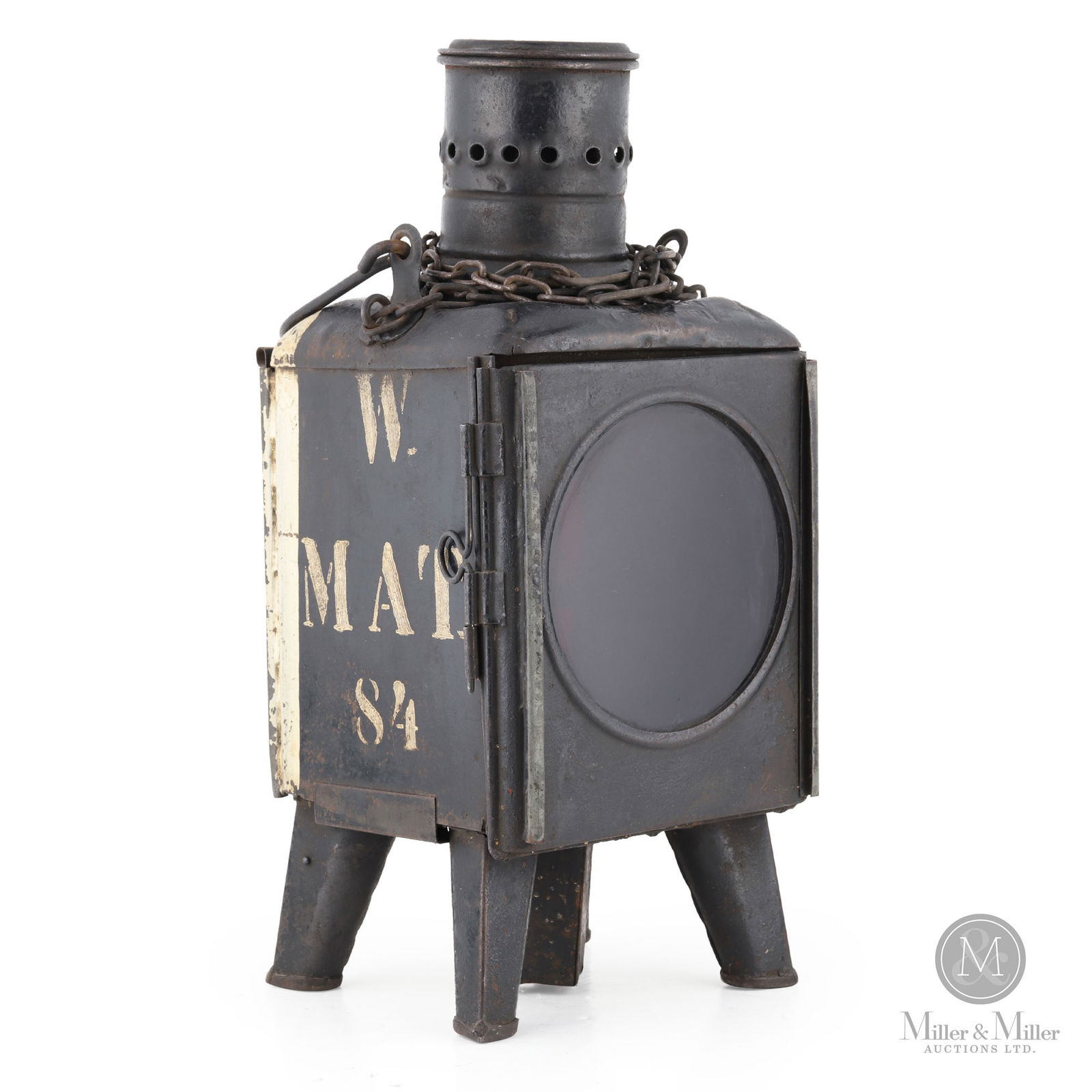 Heinrich Gillet Edenkoben Railway Signal Lantern: German. 1943. Painted metal case. Stamped, "Heinrich Gillet Edenkoben 1943", on frame. Marked, "W. Mat. 84", on the side. 17.5" x 8" x 8". From the William Robert Wilson Collection.