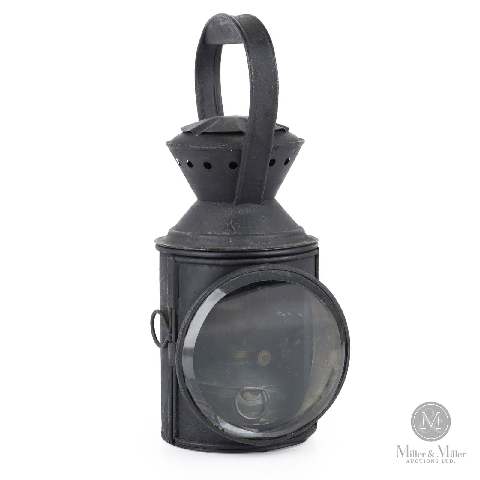 H.L. Piper GTR Signal Lamp: Canadian. 1910s. Painted metal case with bevelled glass lens. Handle rotates to display red, clear, or green aspects. Stamped, "GTR", on top of frame. 13" x 5.25" x 9". From the William Robert Wilson