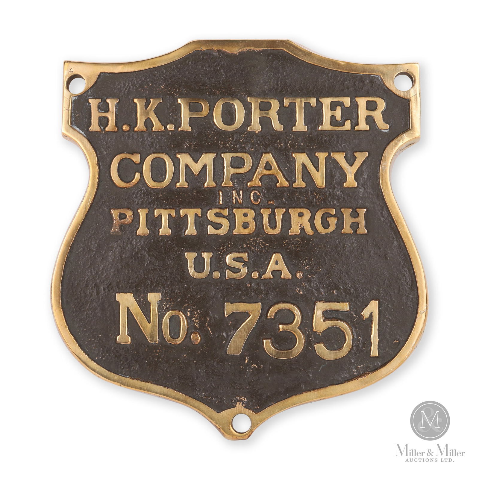 H.K. Porter Co., Pittsburgh Locomotive Number Plate 7351: American. 1930s. Cast brass. 8.25" x 7.75" x 0.25". From the William Robert Wilson Collection.