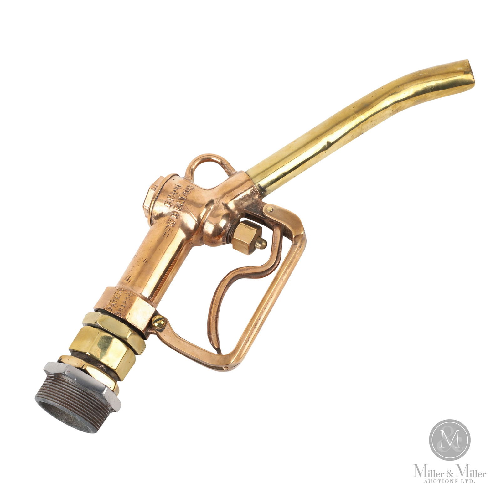 Emco Wheaton Imperial Oil Gasoline Pump Nozzle: American. 1940s. Brass. Marked, "Patent 661208 Em Co. Wheaton Imperial Oil Ltd", on each side of handle. 18" x 6" x 2.25". From the William Robert Wilson Collection.