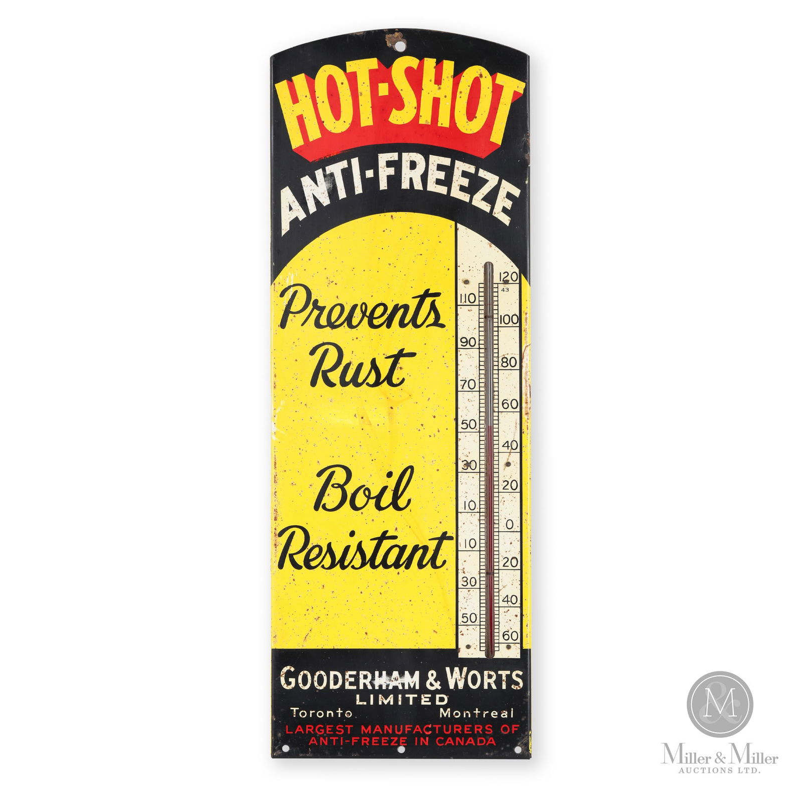 Gooderham & Worts Hot Shot Anti-Freeze Thermometer: Canadian. 1940s. Single-sided tin (SST). 20" x 7" x 0.75". From the William Robert Wilson Collection.
