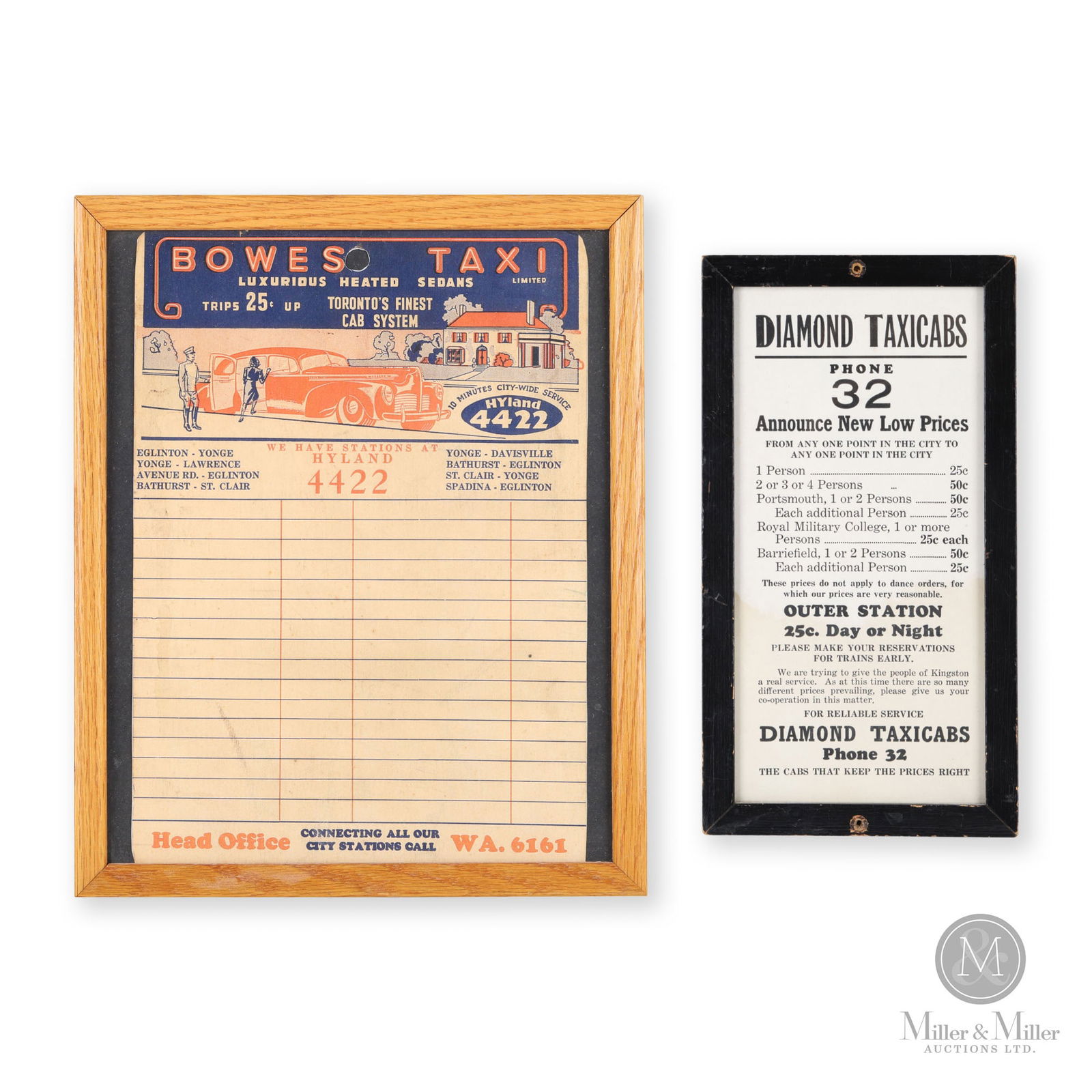 Diamonds & Bowes Taxi Bulletins: Canadian. 1940s. Lithographed paper, framed. From Kingston and Toronto, Ontario taxi services. 9" x 5" and 10.75" x 9" overall. From the William Robert Wilson Collection.