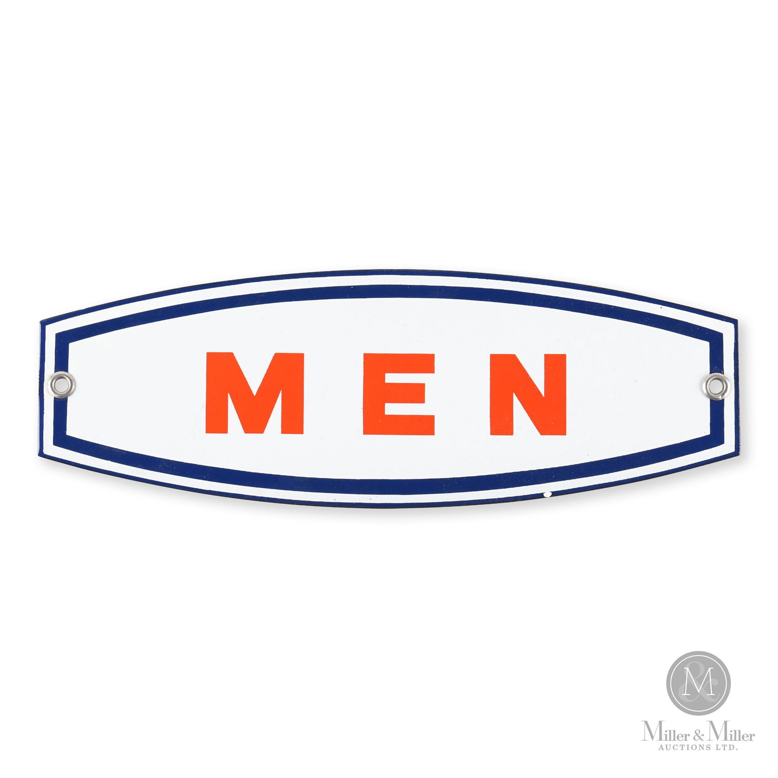 Service Station Men's Washroom Sign: Canadian. Single-sided porcelain (SSP). Fina or Esso. 3.5" x 10". From the William Robert Wilson Collection.