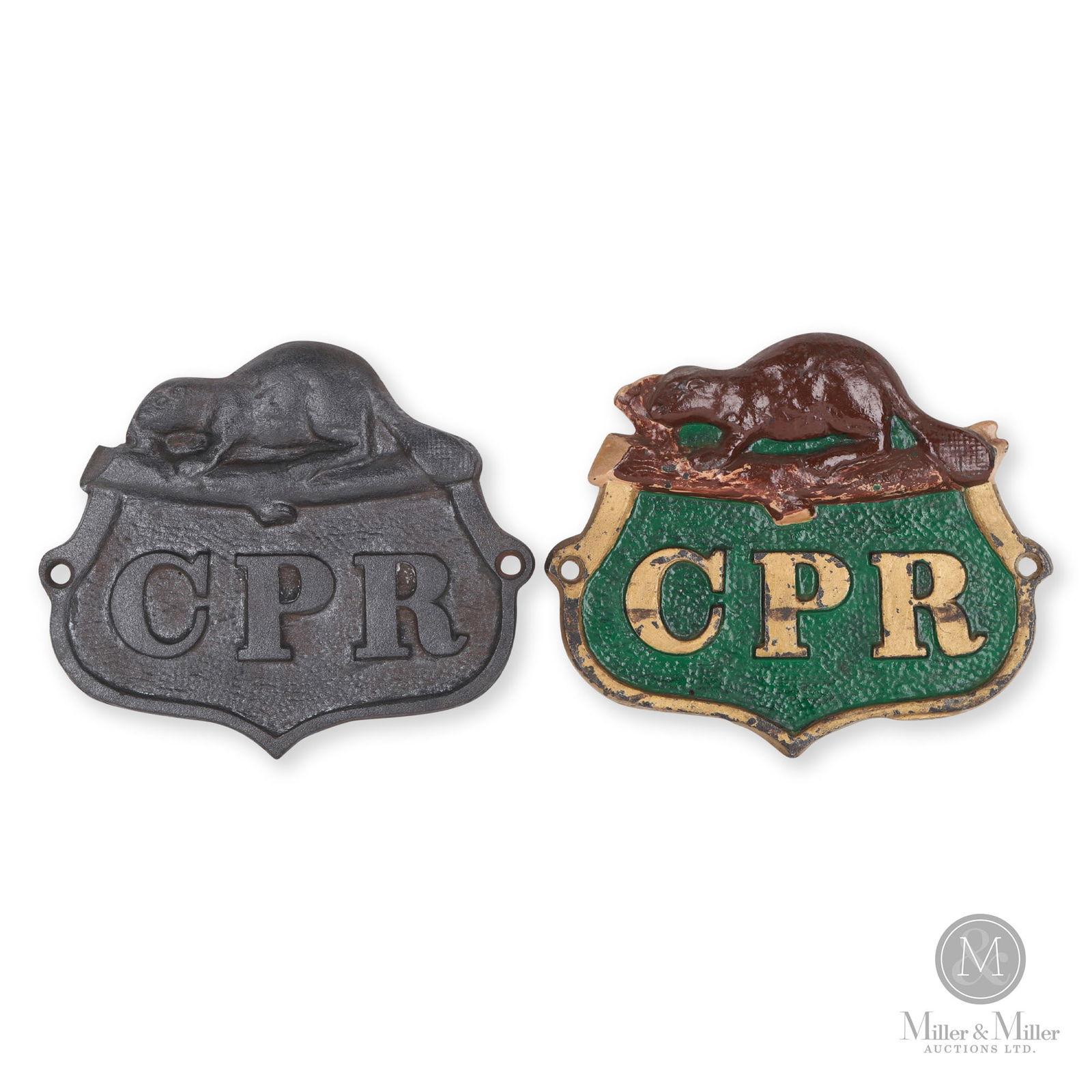 Canadian Pacific Railway Ornamental Beaver Shield Plaques: Canadian. 1920s. Cast iron. Each: 6" x 7" x 0.25". From the William Robert Wilson Collection.