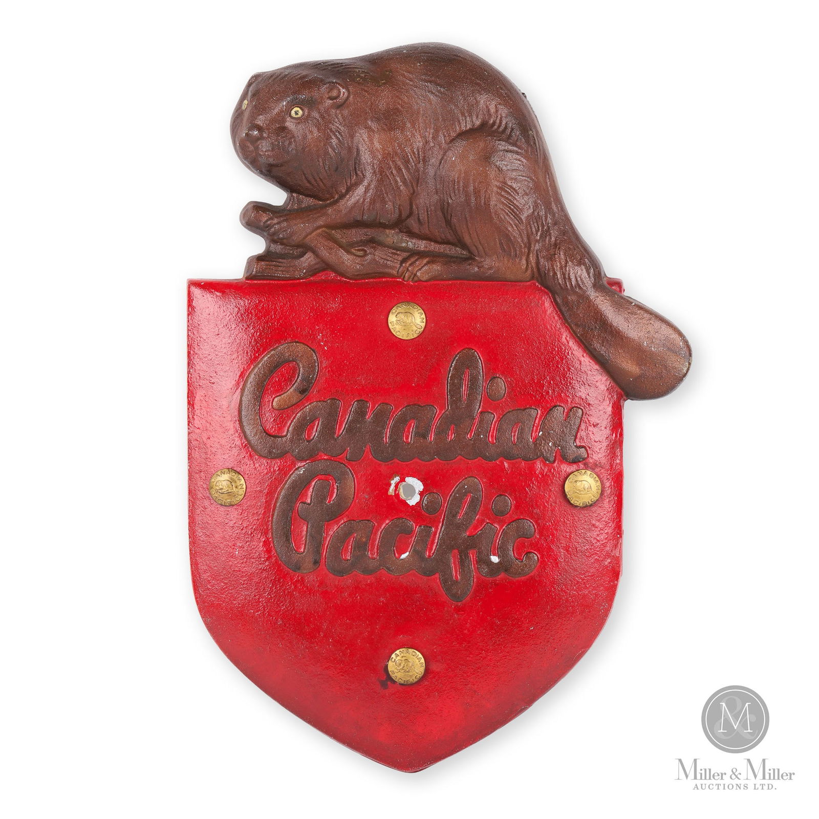 Canadian Pacific "Beaver Shield" Locomotive Plaque: Canadian. 1980s. Cast aluminum, painted. A later casting. Made in limited quantities and offered by CPR to their employees in the late 1980s. 18" x 12.5" x 1.5". From the William Robert Wilson Collect