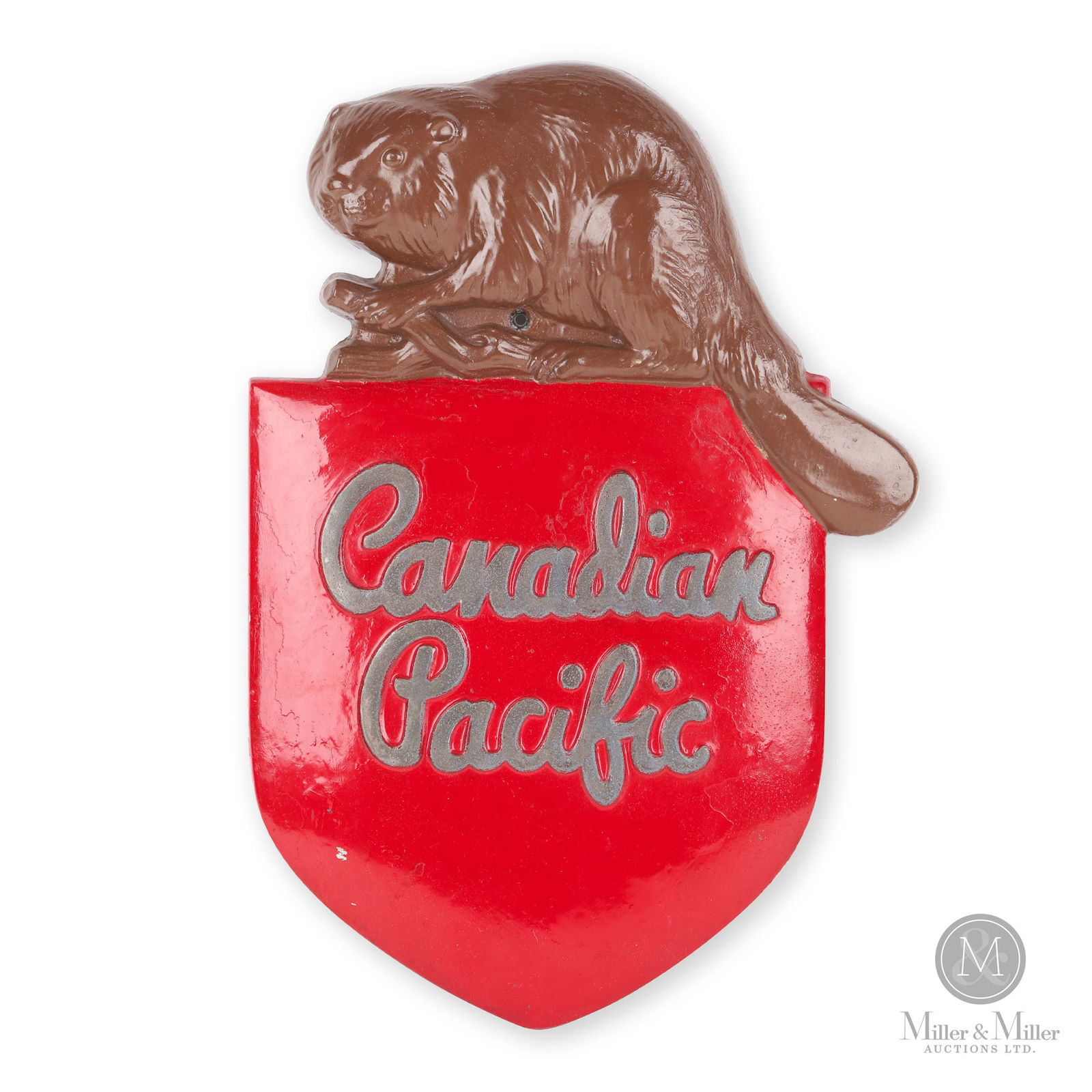 Canadian Pacific "Beaver Shield" Locomotive Plaque: Canadian. 1950s. Cast base metal, painted. 18" x 12.5" x 1.5". From the William Robert Wilson Collection.