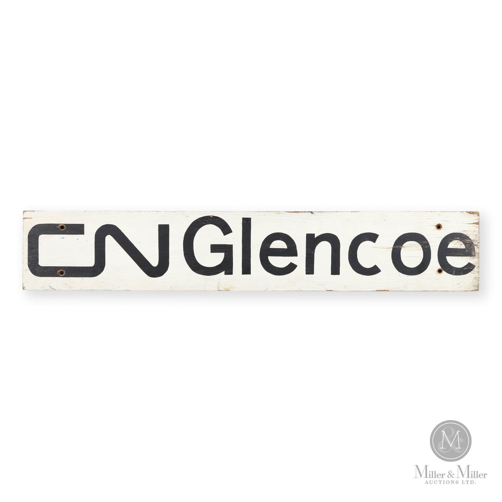 Canadian National Railway Glencoe Station Sign: Canadian. 1960s. Single-sided painted wood. From Glencoe, Ontario station. 11.25" x 64.5" x 1". From the William Robert Wilson Collection.