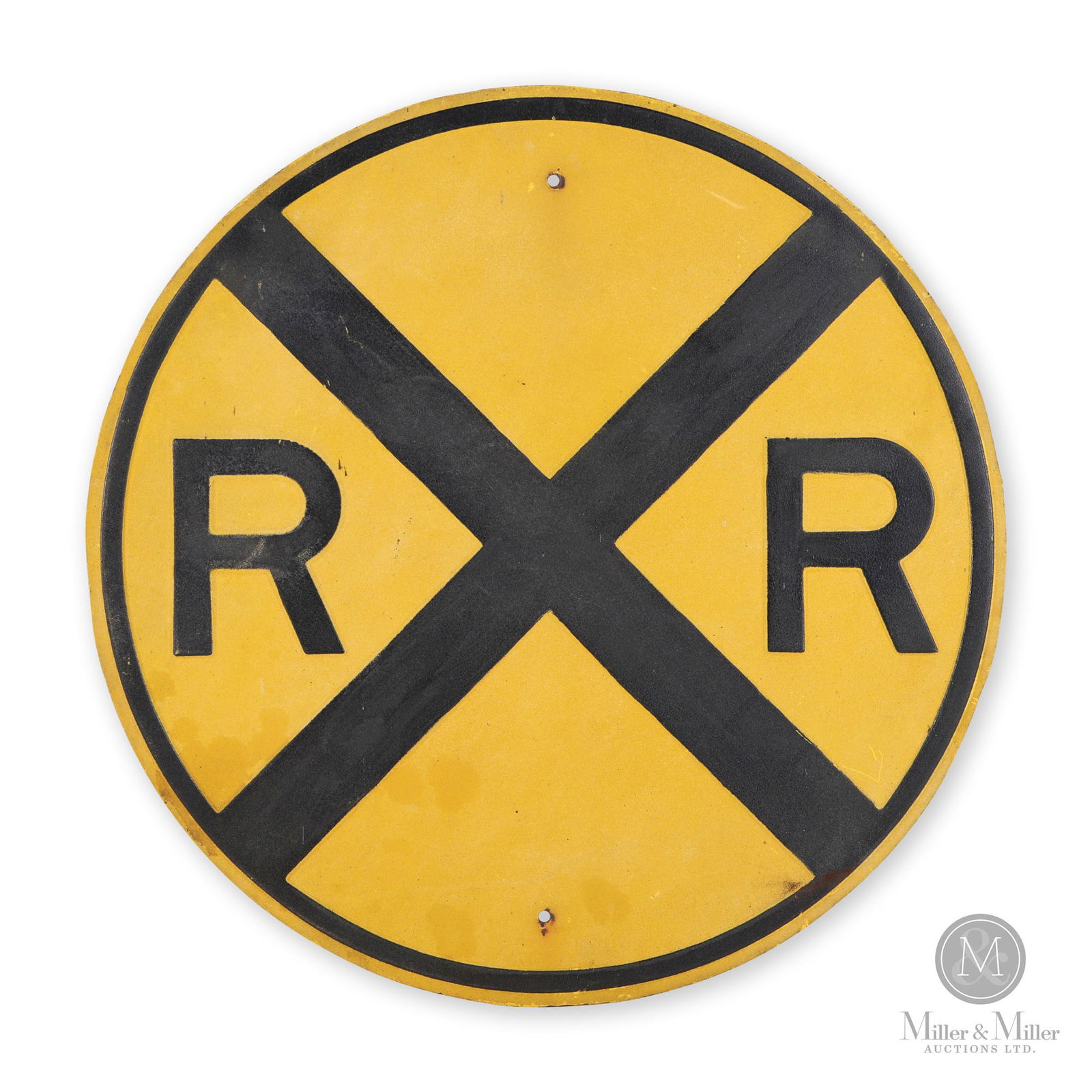 Reflective Railroad Crossing Sign: Canadian. 1950s. Single-sided painted metal, embossed. 30 Dia. From the William Robert Wilson Collection.