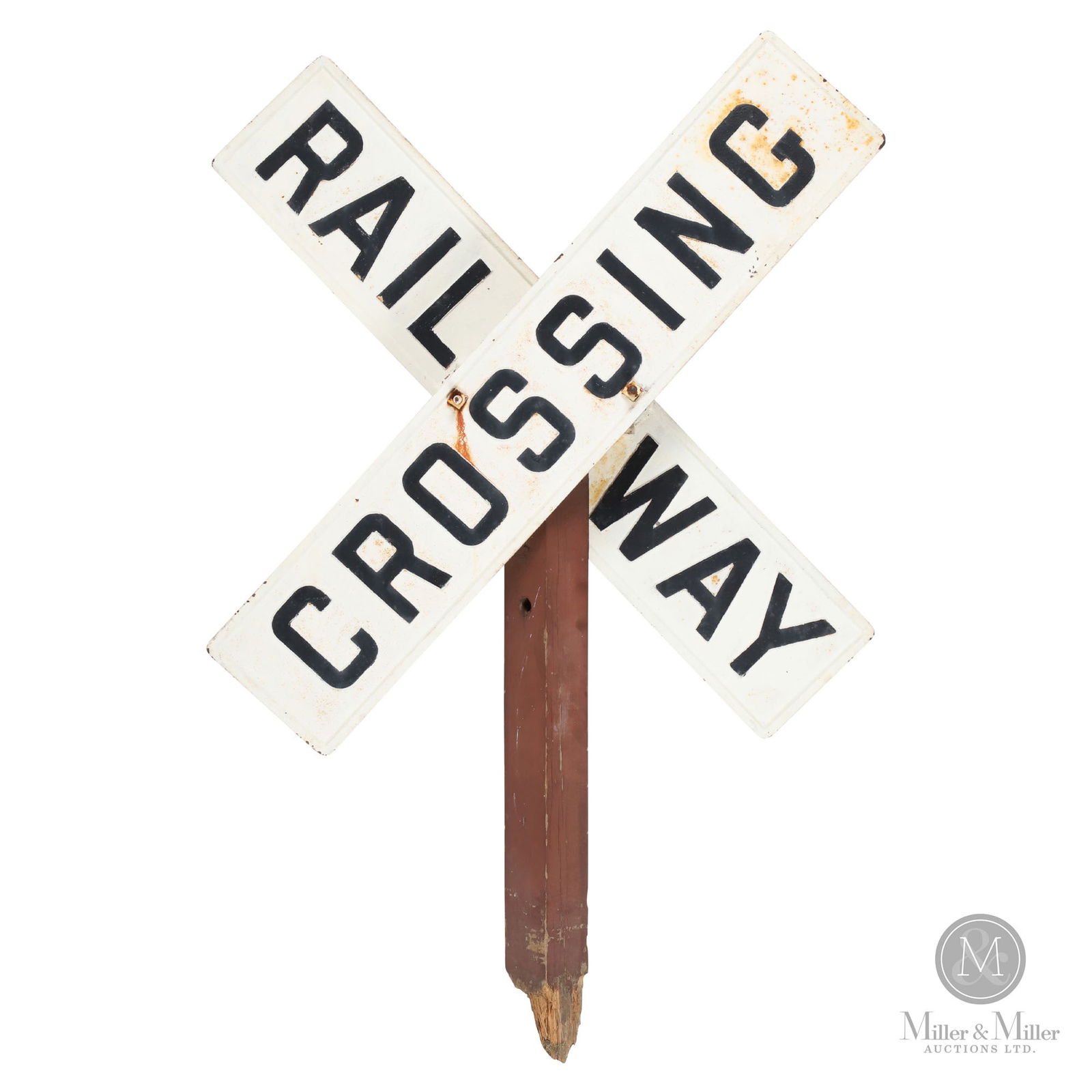 Railway Crossing Sign: Canadian. 1920s. Painted cast iron banners. Each banner: 9.5" x 48". From the William Robert Wilson Collection.