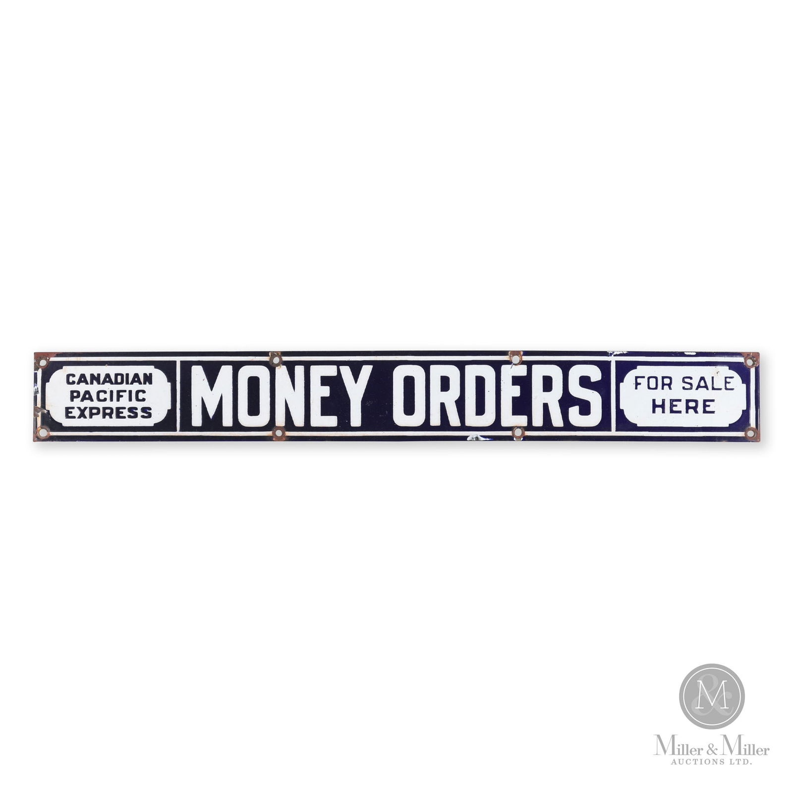 Canadian Pacific Express Money Orders Sign: Canadian. 1920s. Single-sided porcelain (SSP). 3" x 24". From the William Robert Wilson Collection.