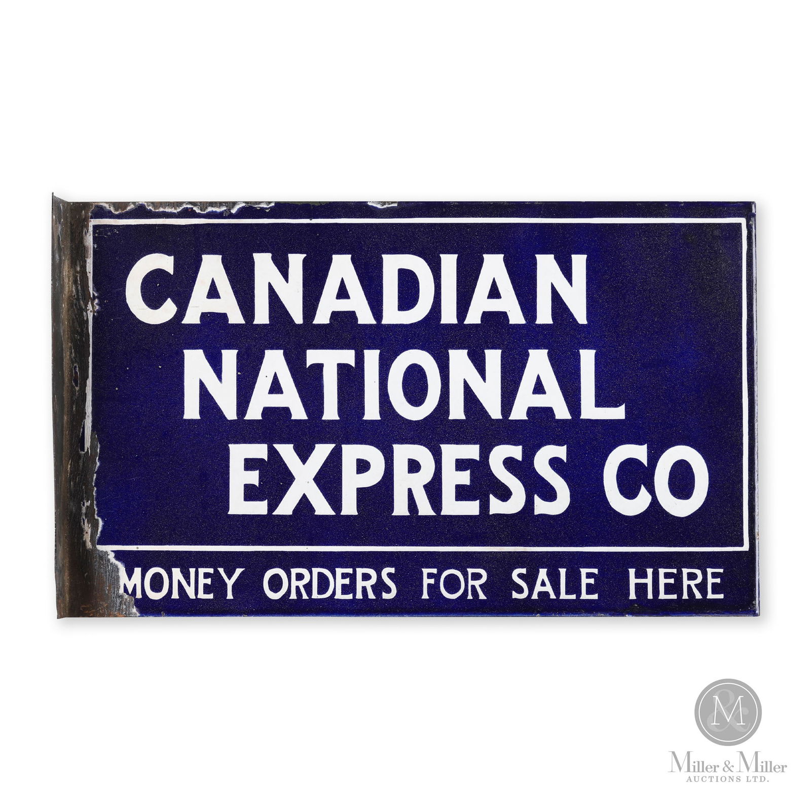 Canadian National Express Co. Money Orders Flange Sign: Canadian. 1920s. Double-sided porcelain flange (DSPF). 20" x 12". From the William Robert Wilson Collection.