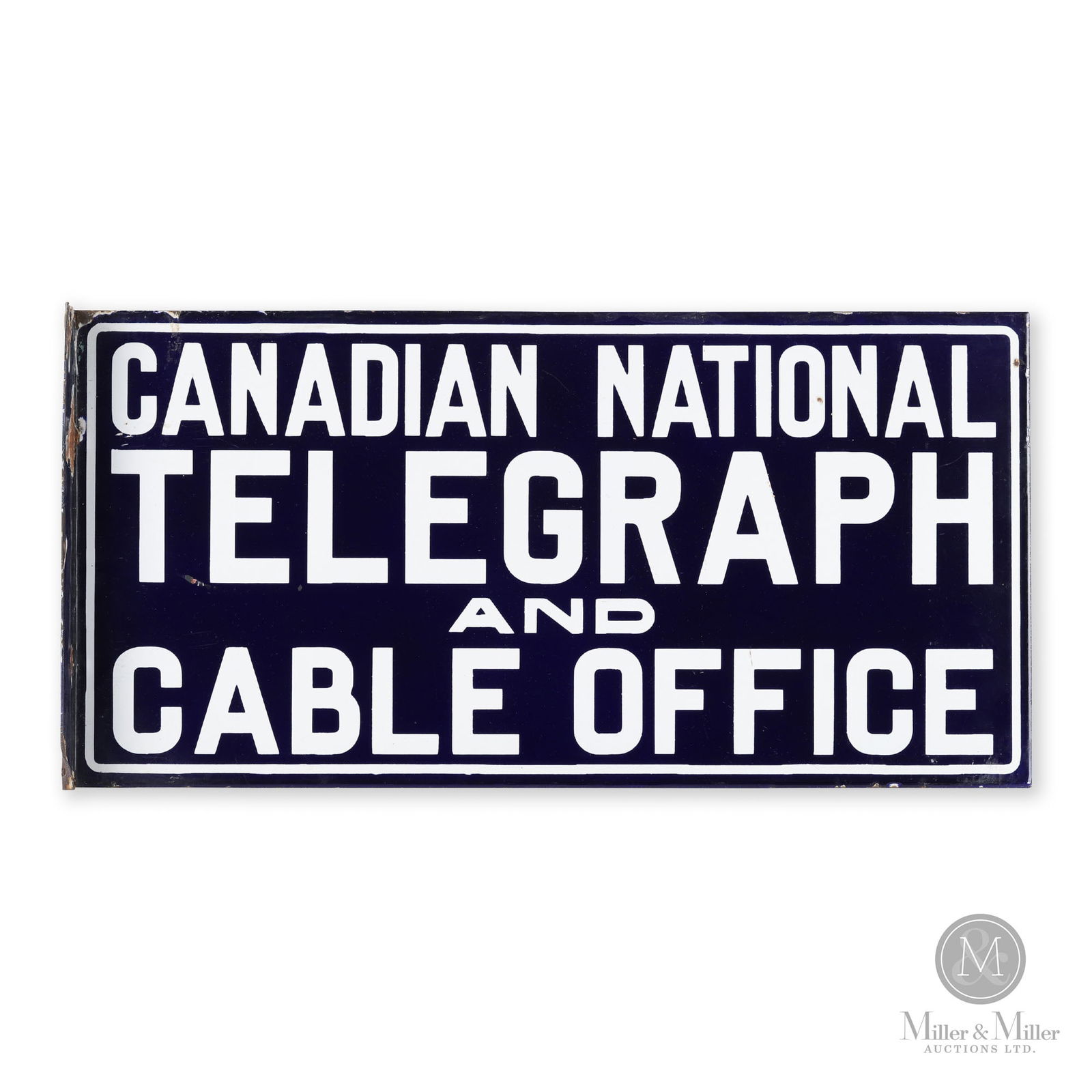 Canadian National Railroad Telegraph Cable Office Sign: Canadian. 1920s. Double-sided porcelain flange (DSPF). 12" x 24". From the William Robert Wilson Collection.