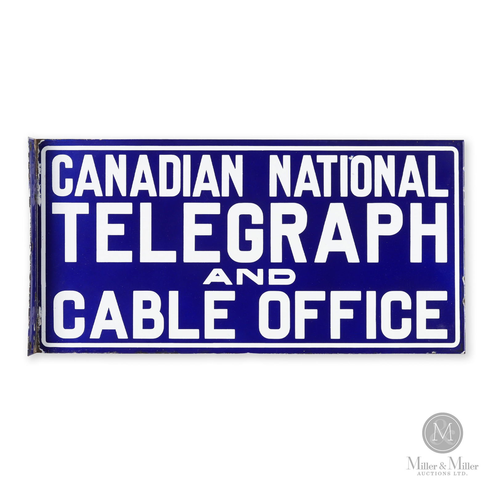 Canadian National Railroad Telegraph Cable Office Sign: Canadian. 1920s. Double-sided porcelain flange (DSPF). 12" x 24". From the William Robert Wilson Collection.