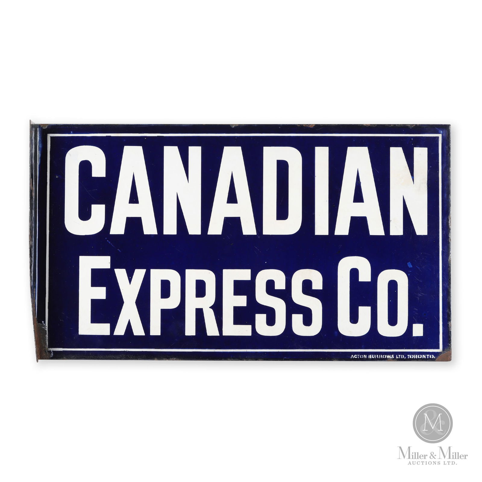 Canadian Express Company Sign: Canadian. 1910s. Double-sided porcelain flange (DSPF). Marked, "Acton Burrows Ltd. Toronto", bottom right edge. 14" x 25". From the William Robert Wilson Collection.