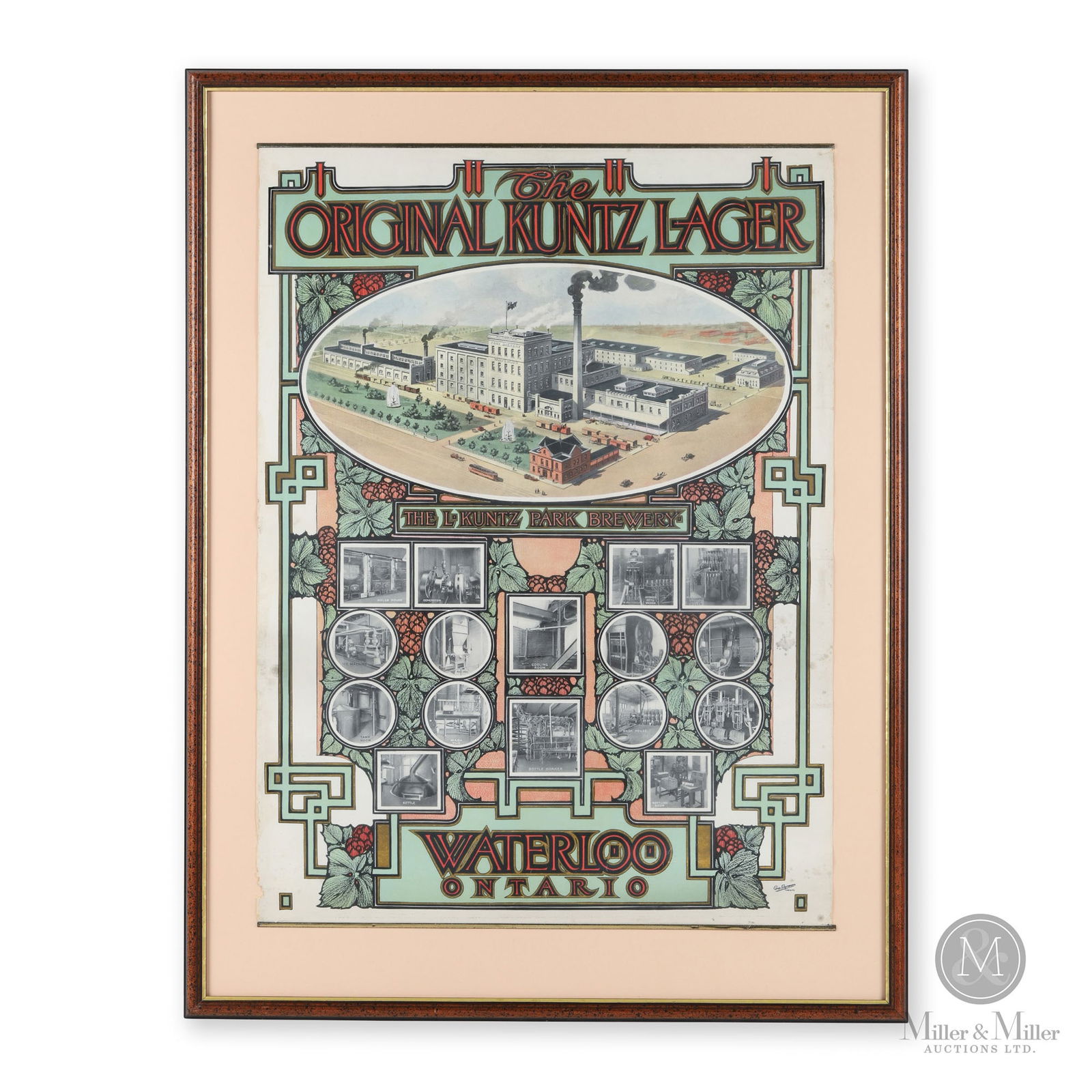 Kuntz Park Brewery, Waterloo, Ont Factory Lithograph: Canadian. 1900s. Lithographed paper, matted and framed. Marked, "Grip Engravers Toronto", lower right corner. Sight: 27.25" x 20". Framed: 33.25" x 25" x 1". From the William Robert Wilson Collection.