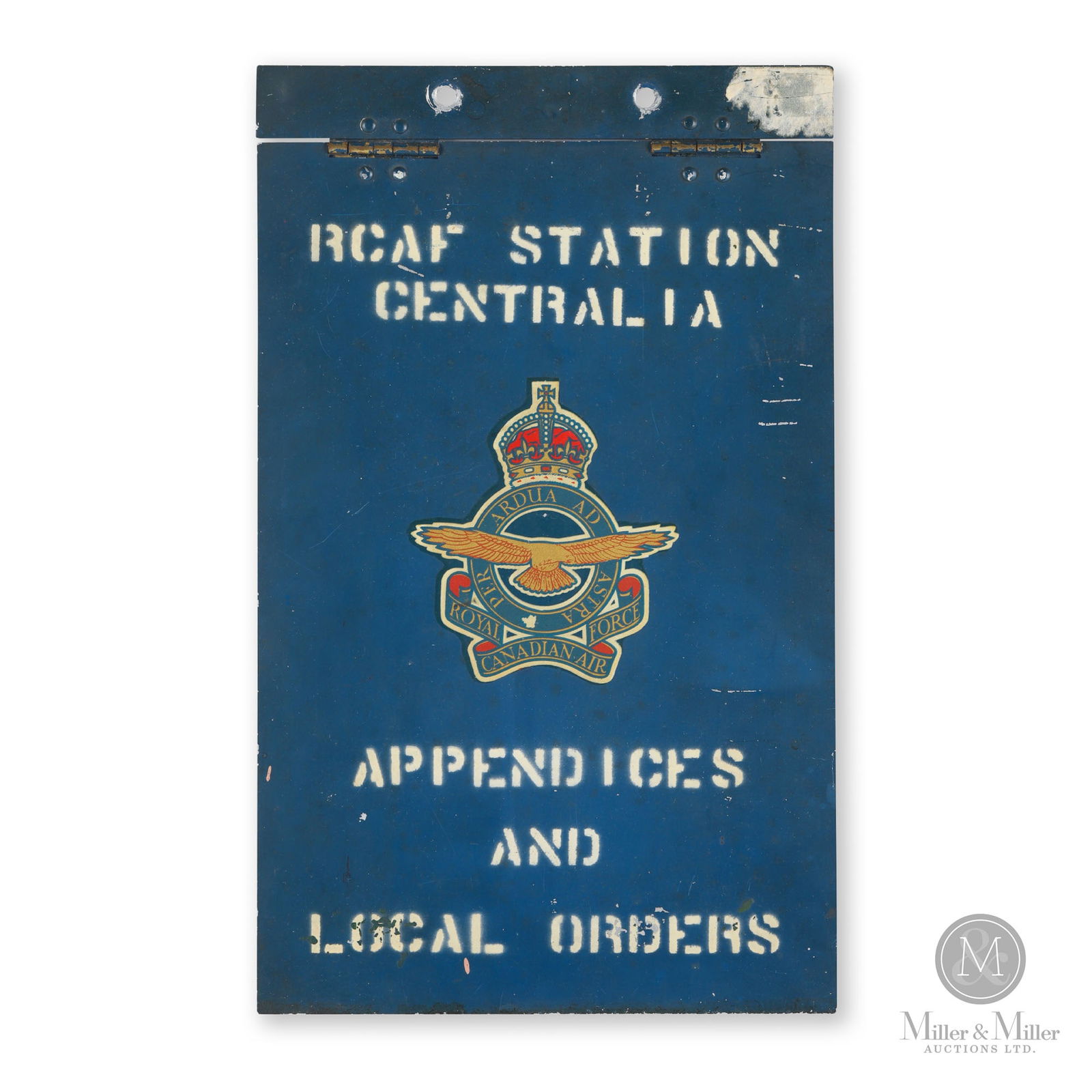 RCAF Appendices & Local Orders Binding Cover: Canadian. 1950s. Painted metal with stenciled script. 13" x 8". From the William Robert Wilson Collection.