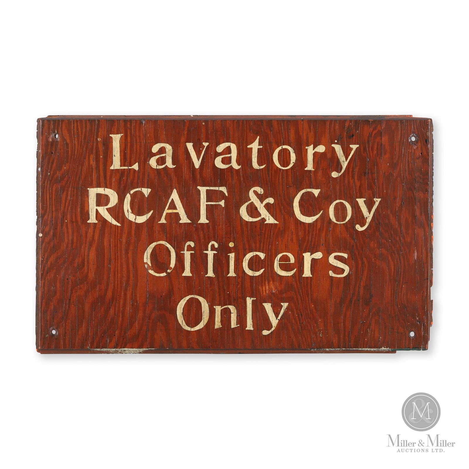 RCAF & Company Officers Lavatory Sign: Canadian. 1940s. Single-sided painted wood. 9" x 15" x 0.25". From the William Robert Wilson Collection.