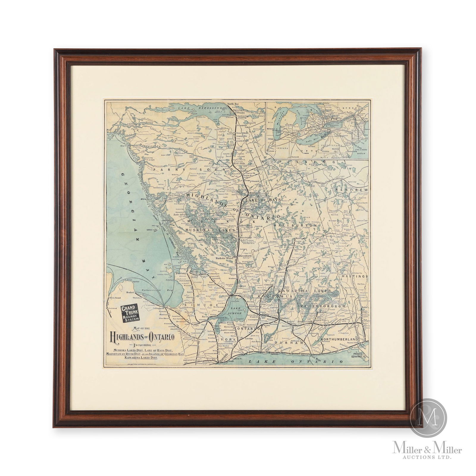 GTR Highlands of Ontario Map: Canadian. 1920s. Lithographed paper, matted and framed. Marked, "The Matthews- Northrup Co, Buffalo N.Y.", bottom left edge. Sight: 21" x 13.5". Framed: 22.5" x 21.5". From the William Robert Wilson C