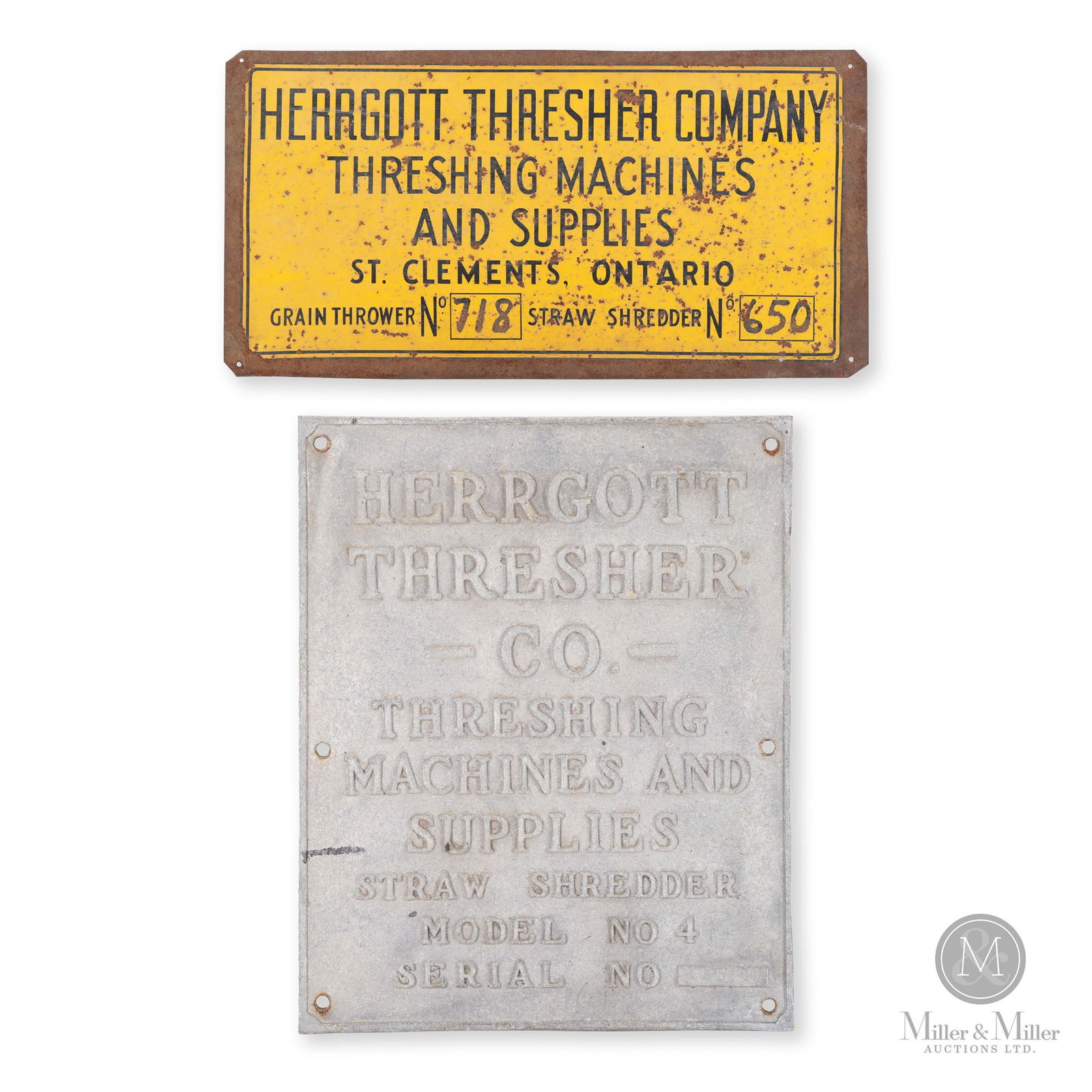 Herrgott Thresher Co. St. Clements Machinery Plates: Canadian. 1920s. Single-sided tin (SST), embossed aluminum. 12" x 9.5" and 6.5" x 12.75". From the William Robert Wilson Collection.