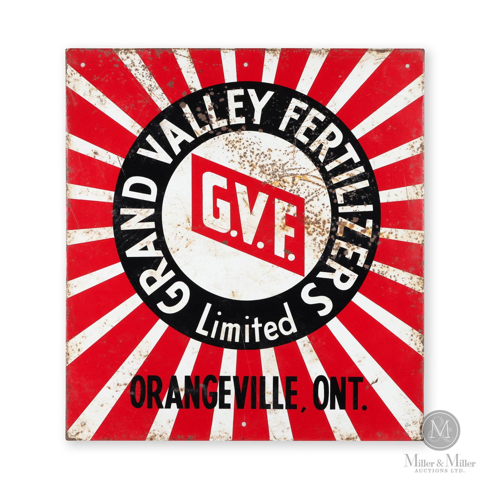 Grand Valley Fertilizer Orangeville, Ont Sign: Canadian. 1940s. Single-sided tin (SST). 17.5" x 16". From the William Robert Wilson Collection.
