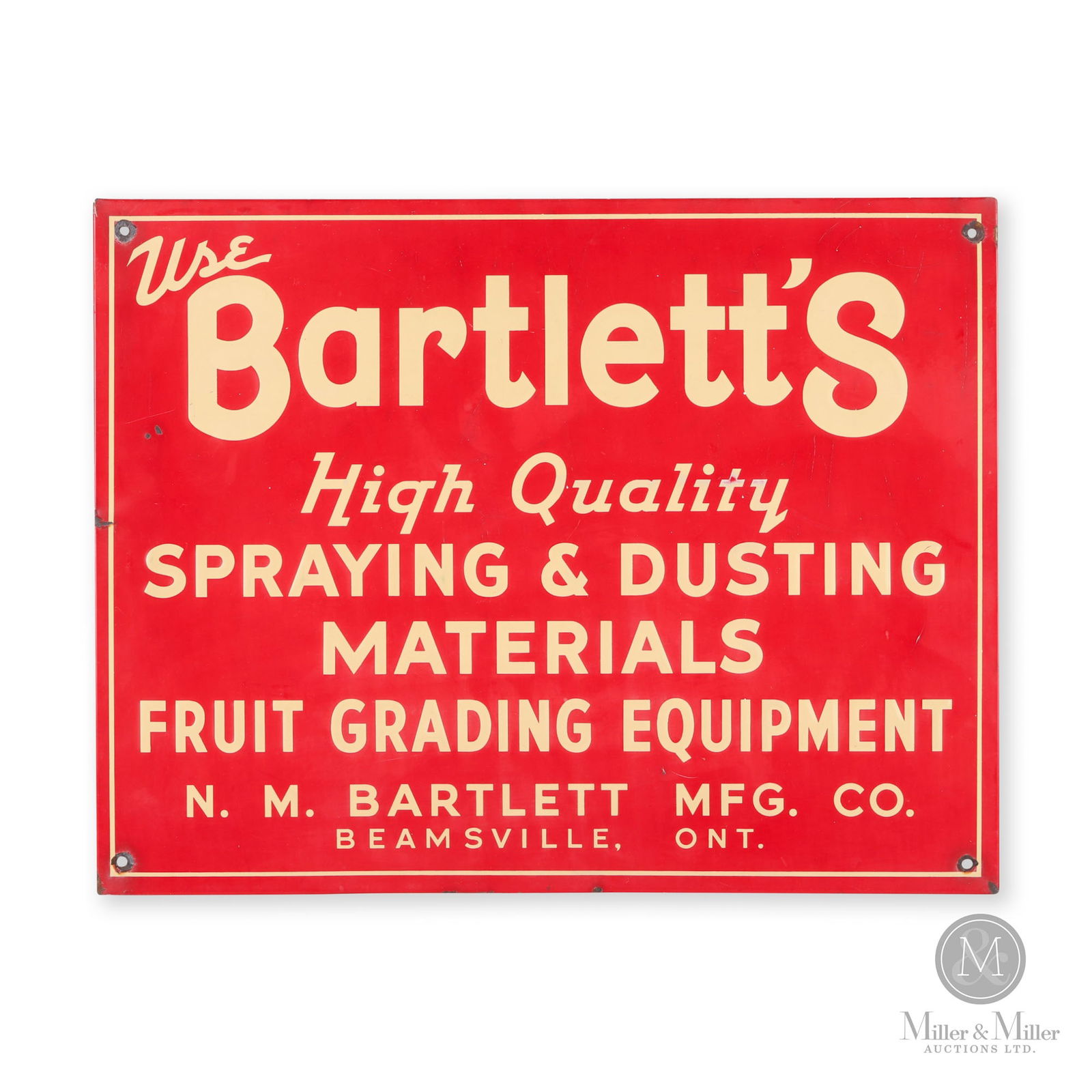 N.M. Bartlett Mfg. Co. Beamsville Fruit Processing Equipment Sign: Canadian. 1940s. Single-sided embossed tin (SST). 13.25" x 17.25". From the William Robert Wilson Collection.