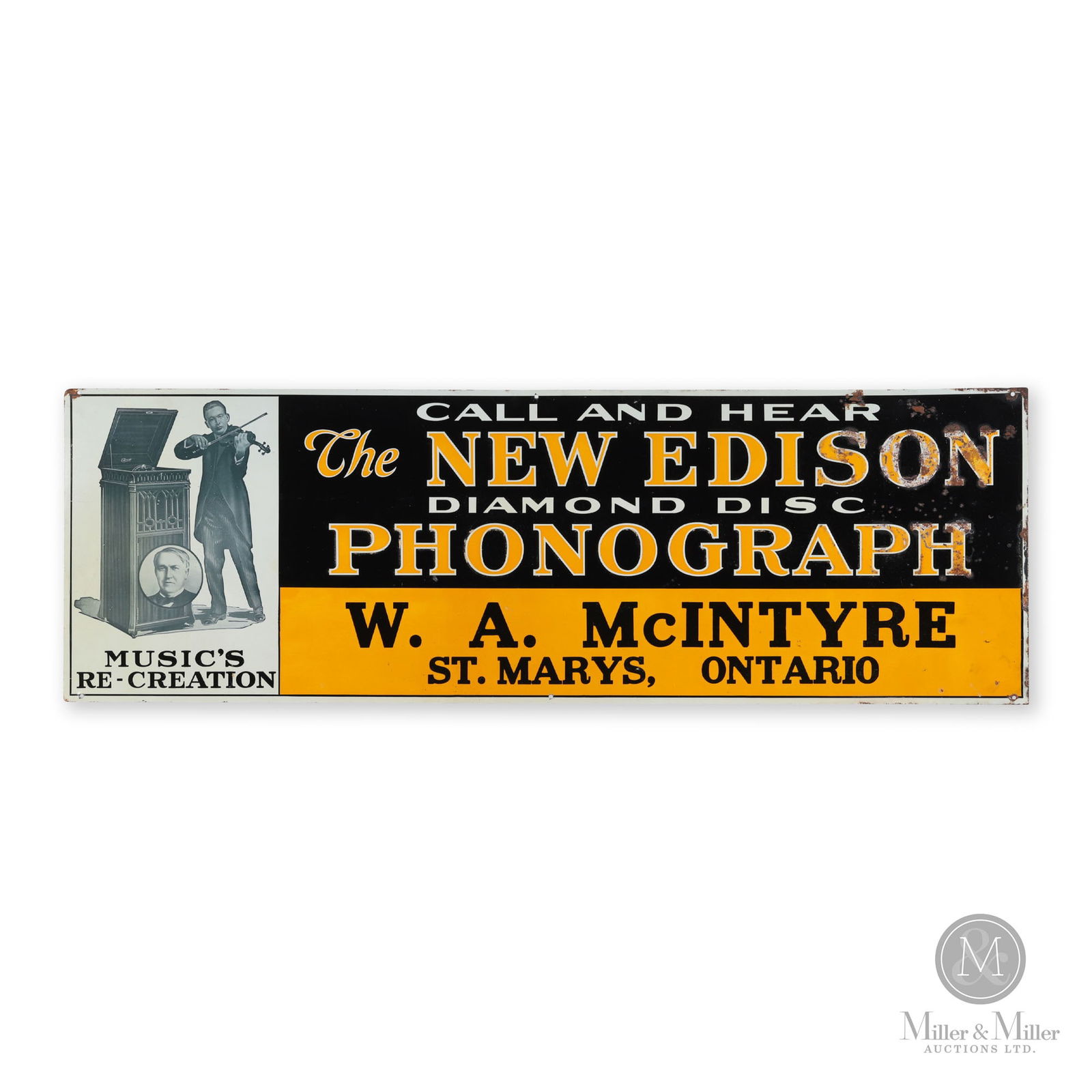 Edison Diamond Disc Phonograph Dealer Sign: Canadian. 1920s. Single-sided embossed tin (SST). 11.5" x 35.5". From the William Robert Wilson Collection.