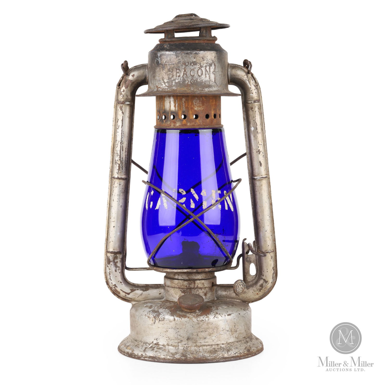 General Steel Wares Beacon Farm Lantern: Canadian. 1920s. Painted metal frame with stenciled blue globe. 16.25" x 6.75" x 6.75". From the William Robert Wilson Collection.