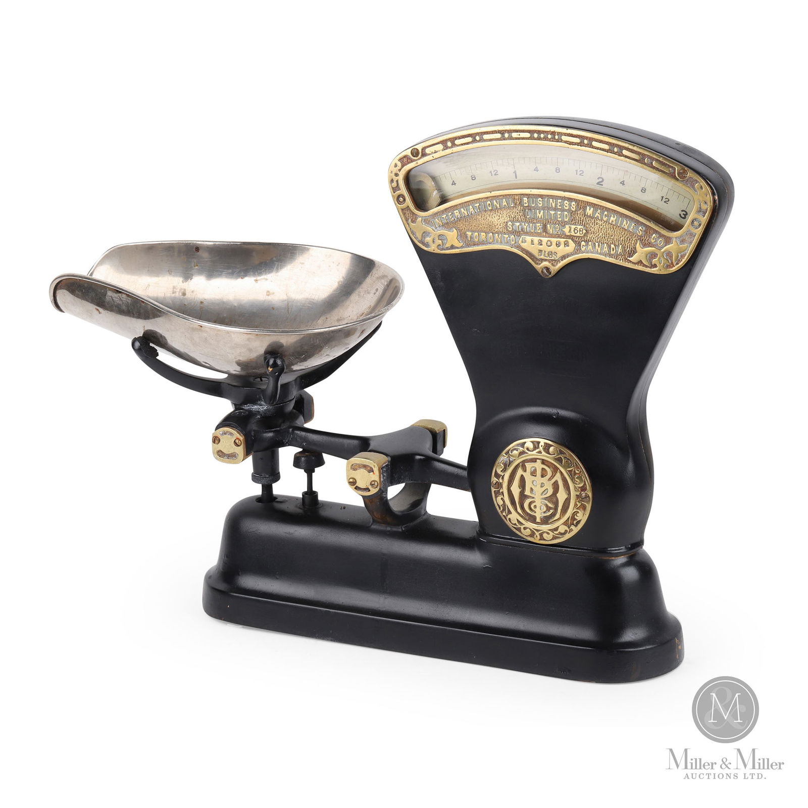 International Business Machines Co. Merchant's Scale: Canadian. 1920s. Painted metal with nickel plated trim. Marked, "International Business Machine Co. Style 168 Toronto Canada". 15.5" x 19" x 7.5". From the William Robert Wilson Collection.