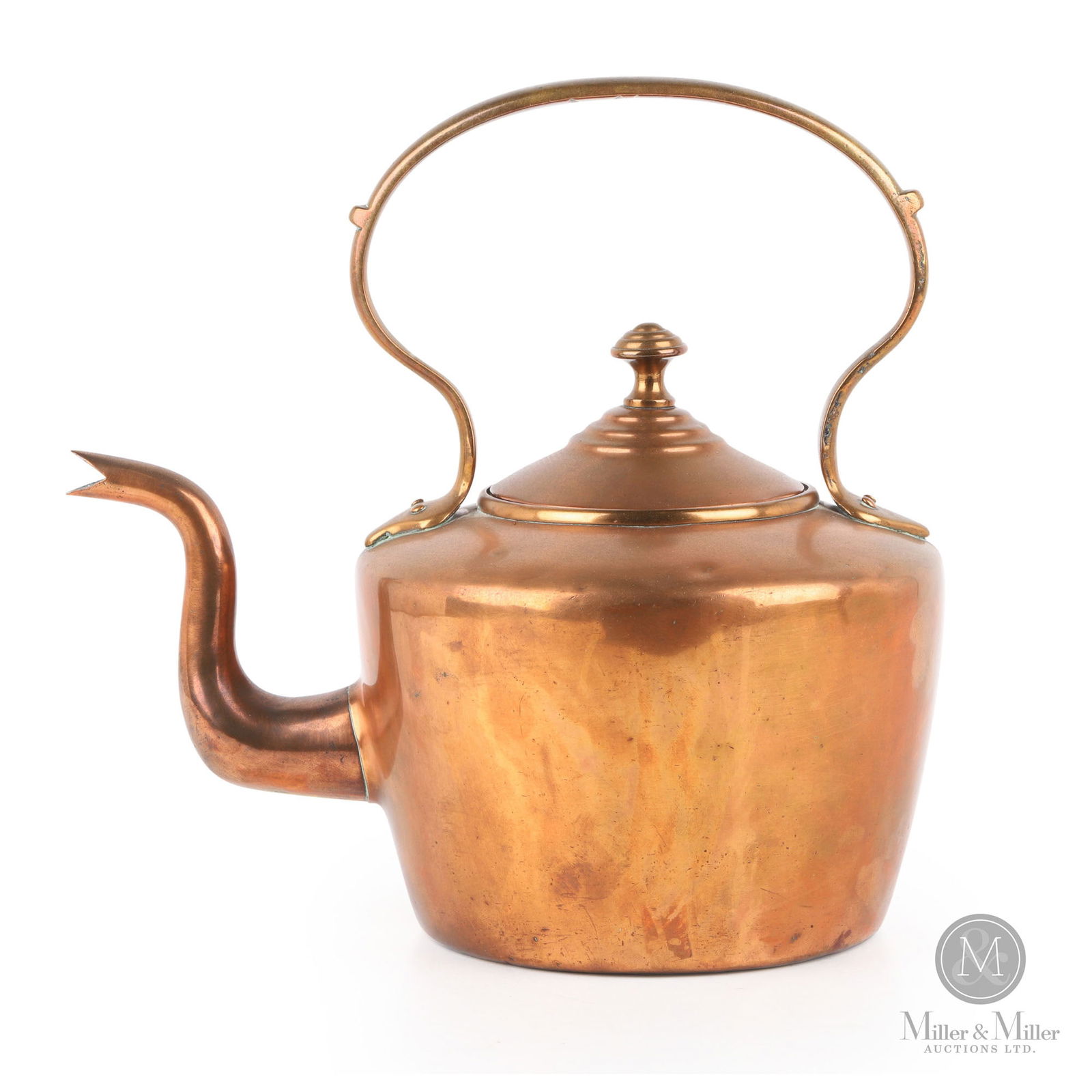Early Copper Kettle: Canadian. 1870s. Copper. Marked, "EV", with logo near the spout. 11.25" x 8" x 11". From the William Robert Wilson Collection.