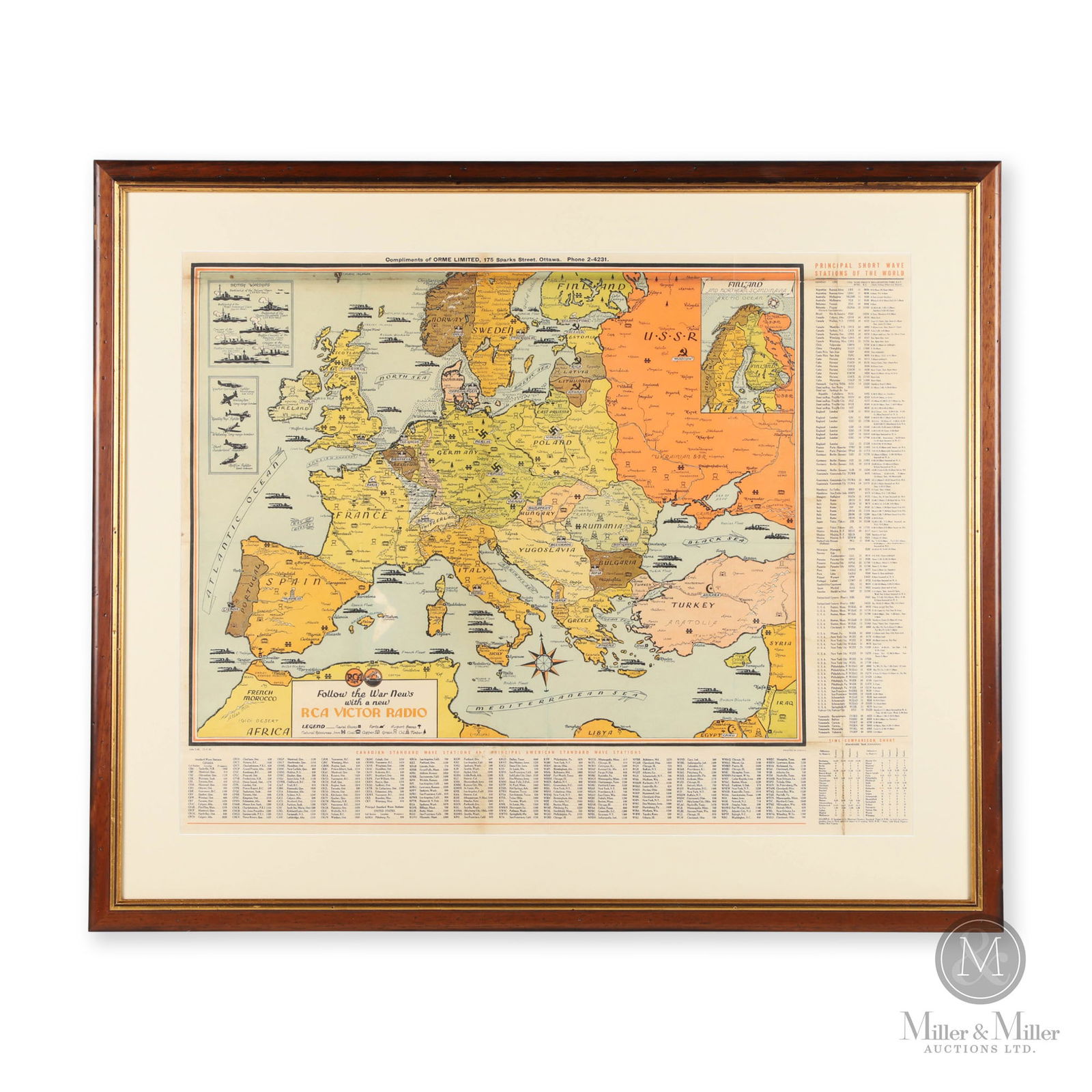 RCA Victor WWII-Era Map: Canadian. 1940s. Lithographed paper, framed. Sight: 22.5" x 28.5". Framed: 30" x 35.5". From the William Robert Wilson Collection.